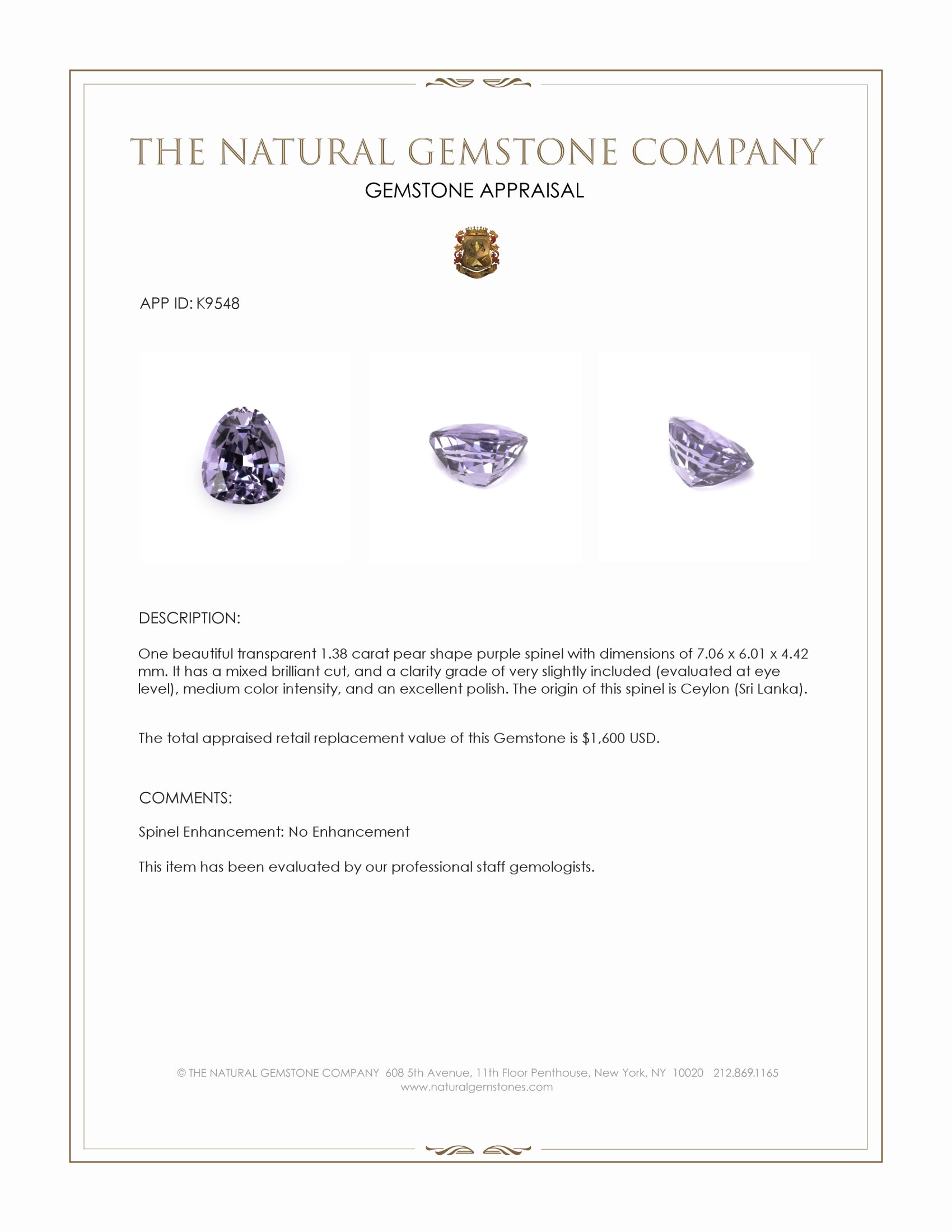 1.38 Ct. Purple Spinel from Ceylon (Sri Lanka)