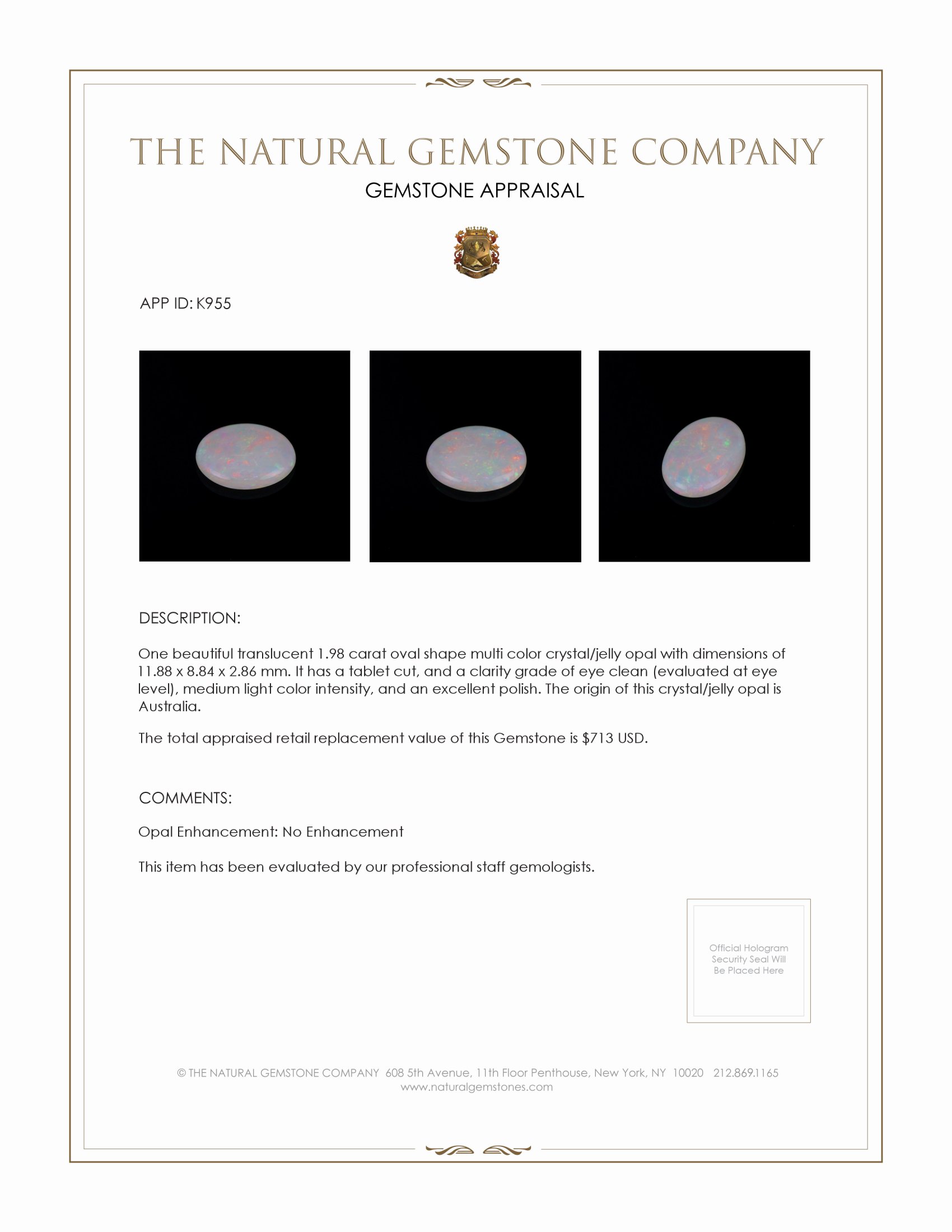 1.98 Ct. Crystal/Jelly Opal from Australia