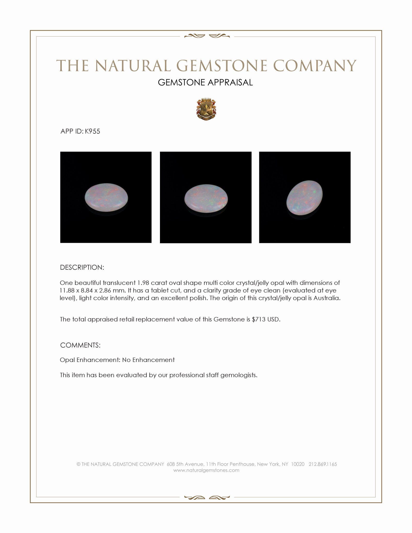 1.98 Ct. Crystal/Jelly Opal from Australia