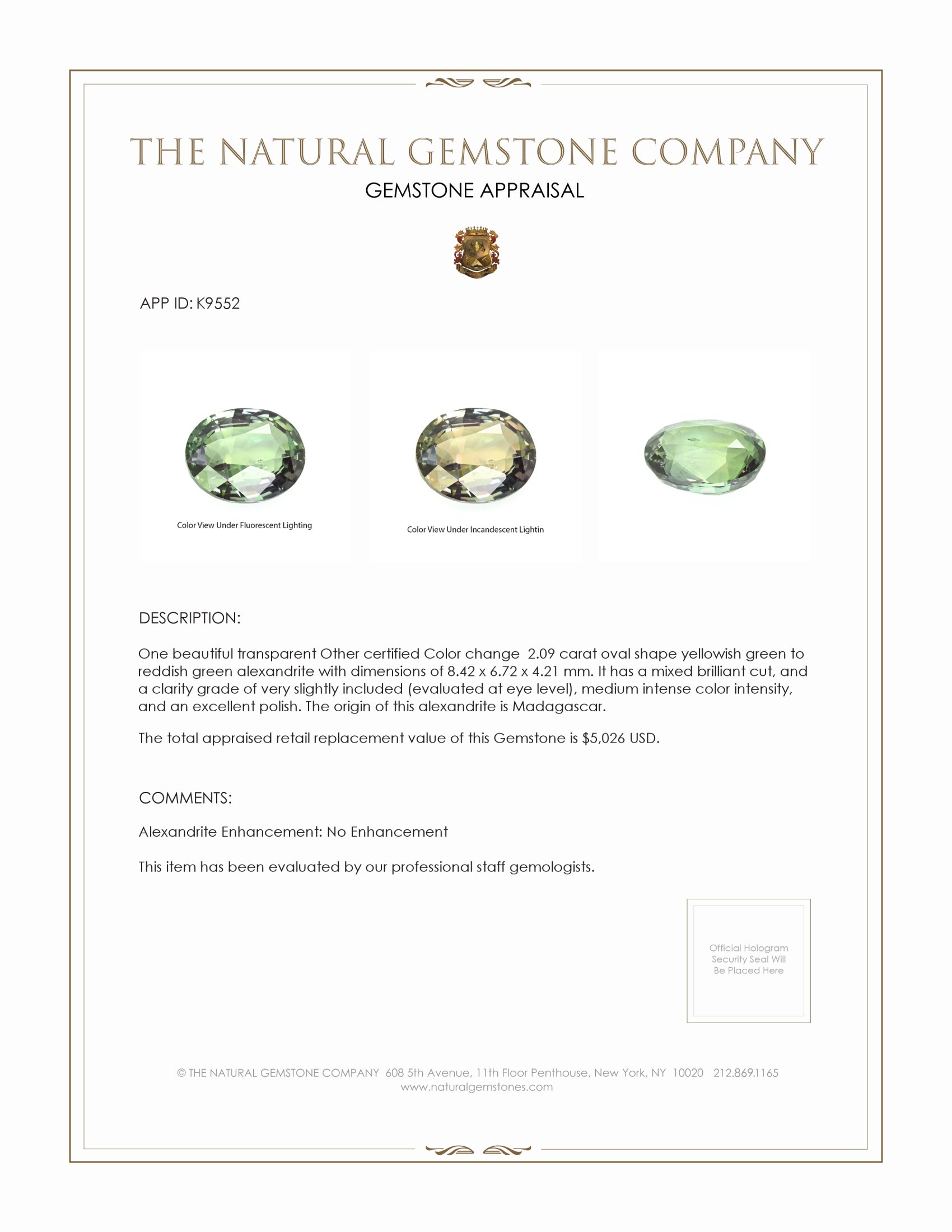 2.09 Ct. Alexandrite from Madagascar