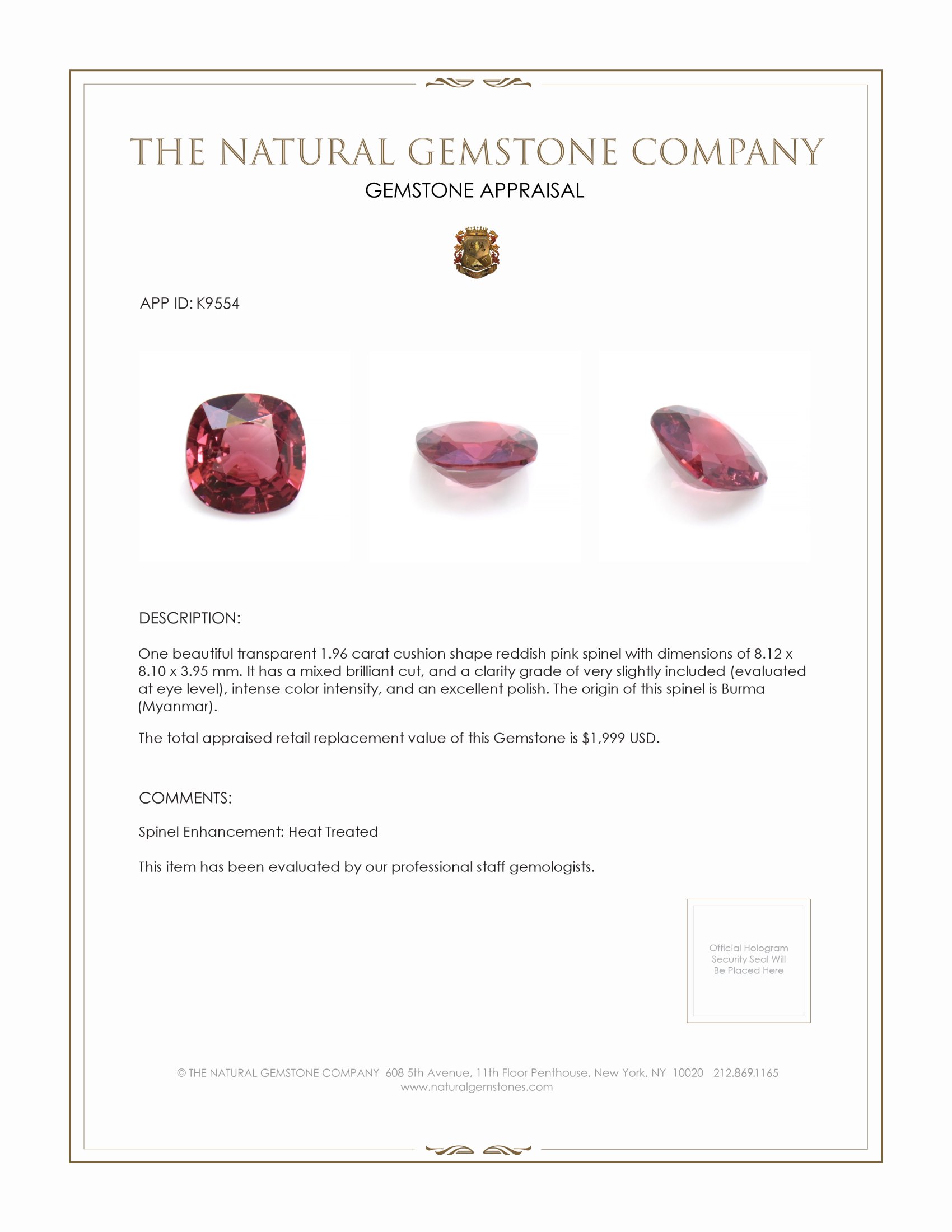 1.96 Ct. Reddish Pink Spinel from Burma (Myanmar)