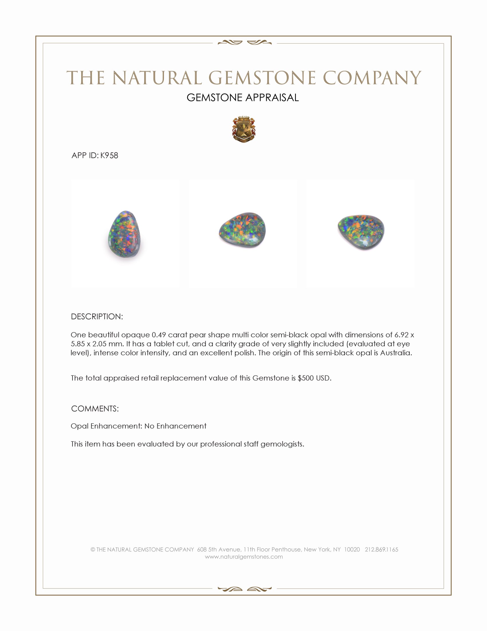 0.49 Ct. Multi Color Black Opal (Dark Opal) from Australia