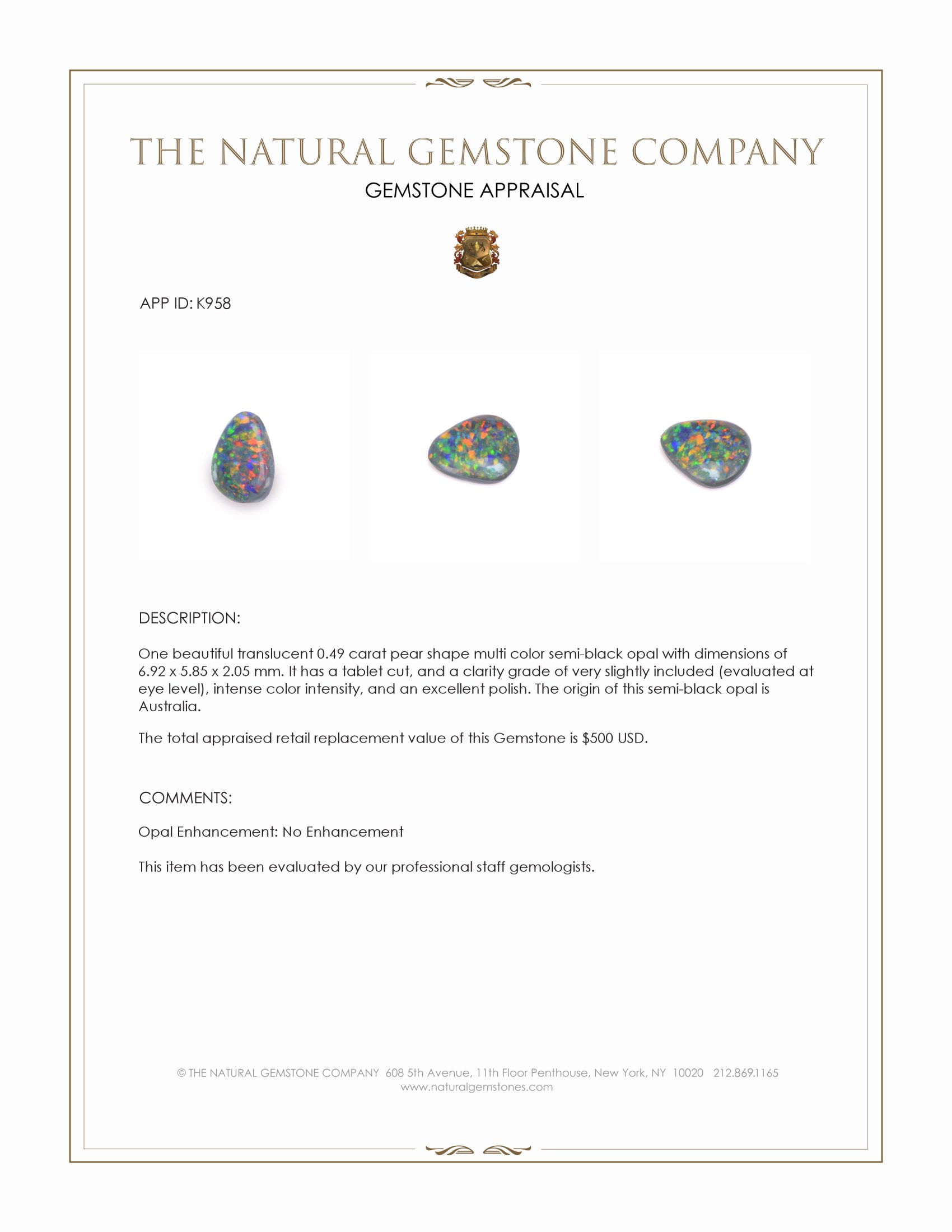 0.49 Ct. Semi-Black Opal from Australia