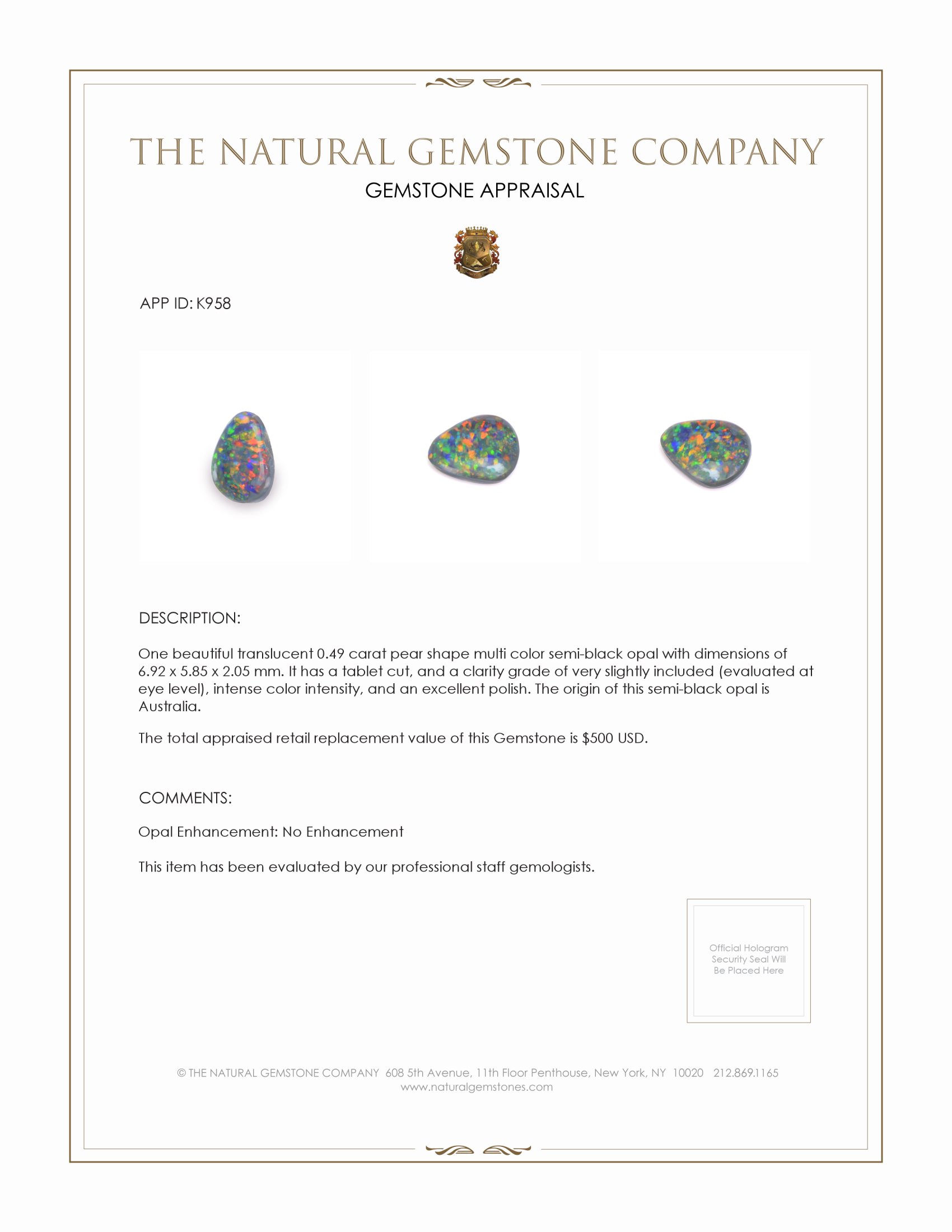 0.49 Ct. Semi-Black Opal from Australia