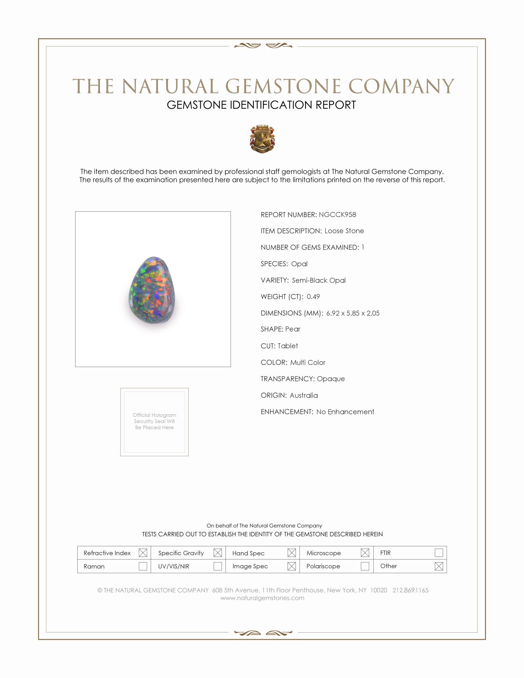 0.49 Ct. Multi Color Semi-Black Opal from Australia