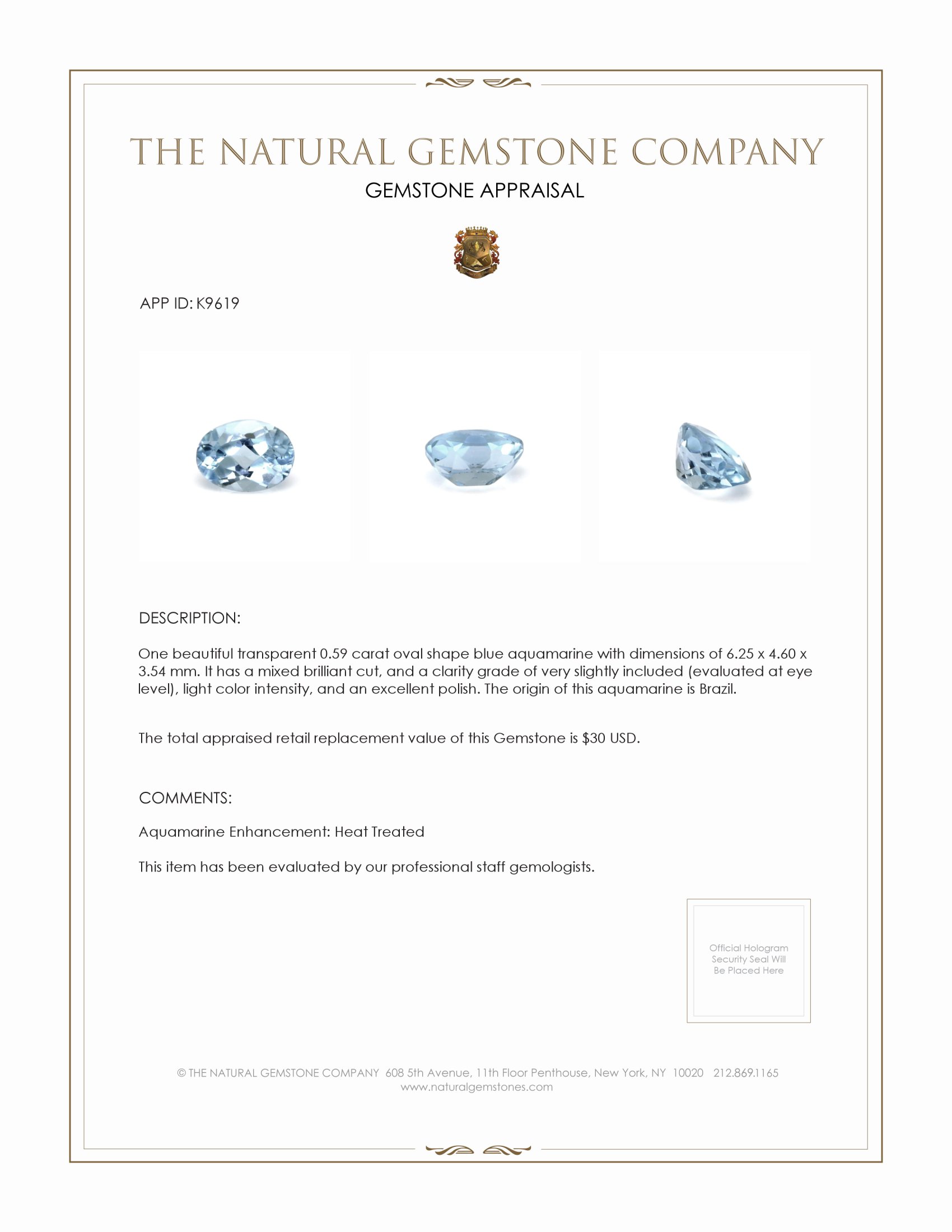 0.59 Ct. Aquamarine from Brazil
