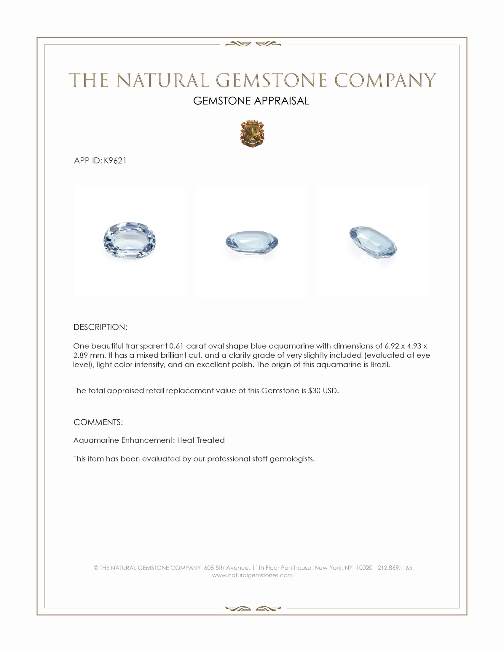 0.61 Ct. Aquamarine from Brazil