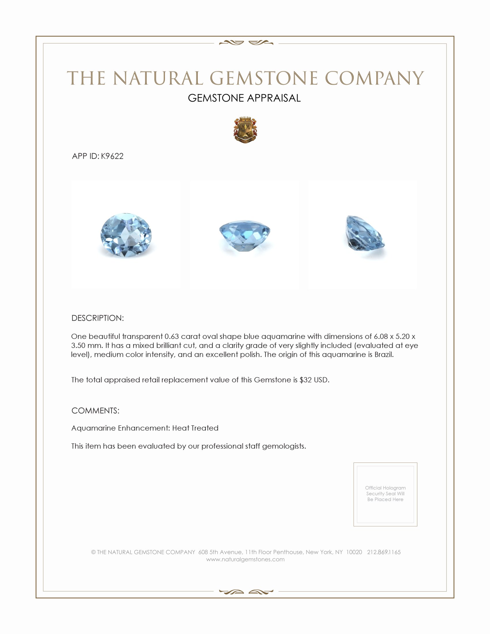 0.63 Ct. Aquamarine from Brazil