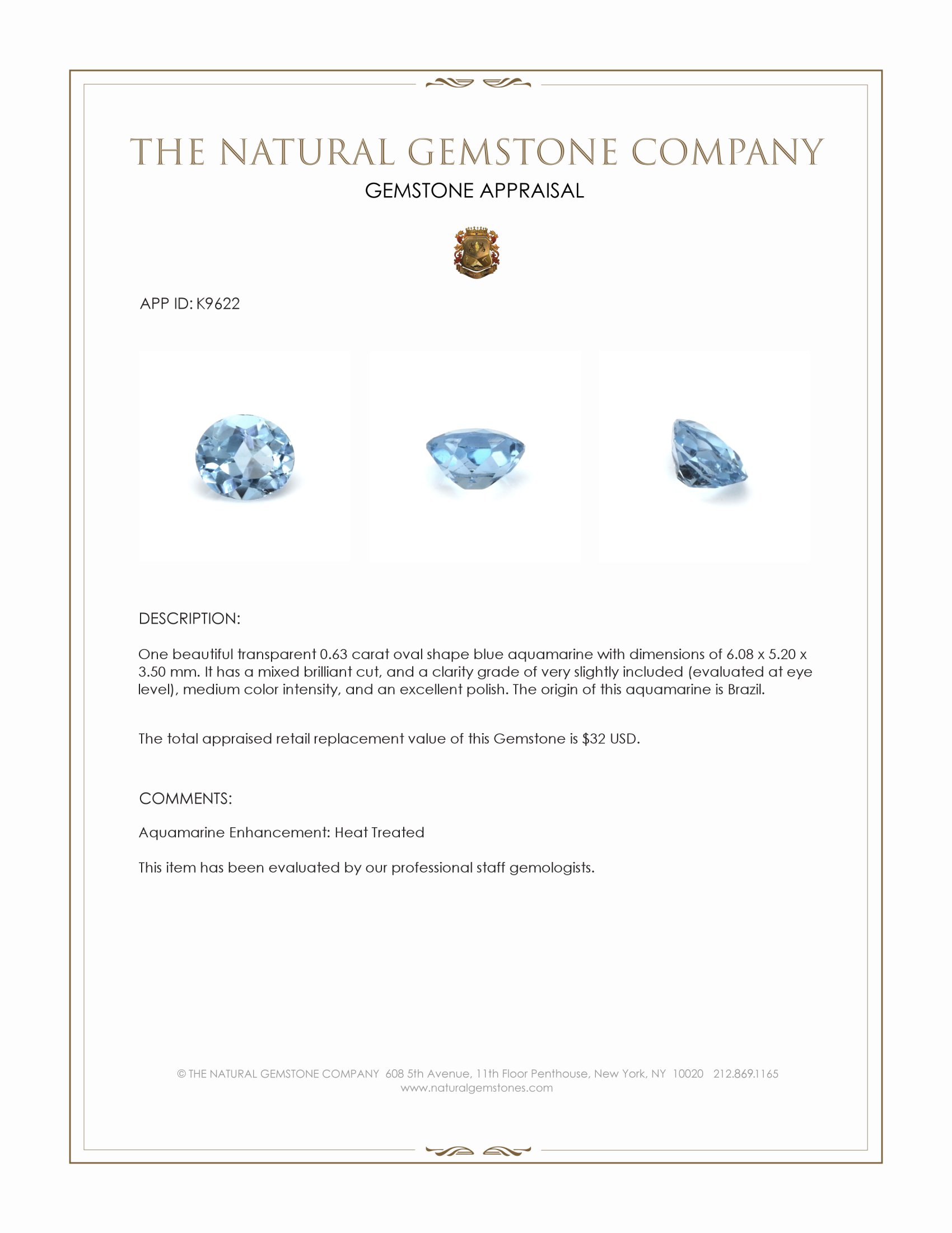 0.63 Ct. Aquamarine from Brazil