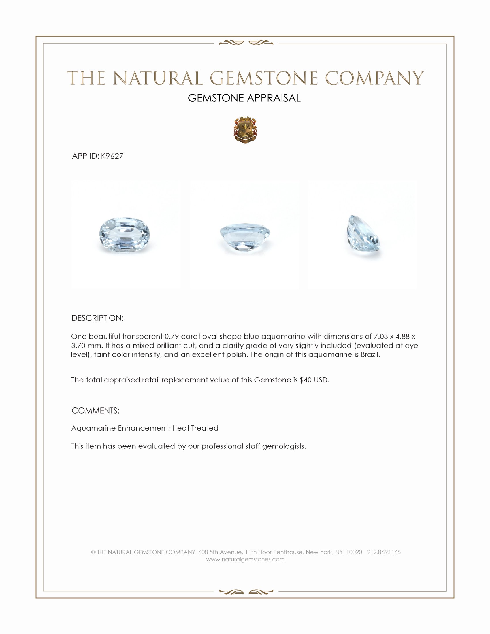 0.79 Ct. Blue Aquamarine from Brazil