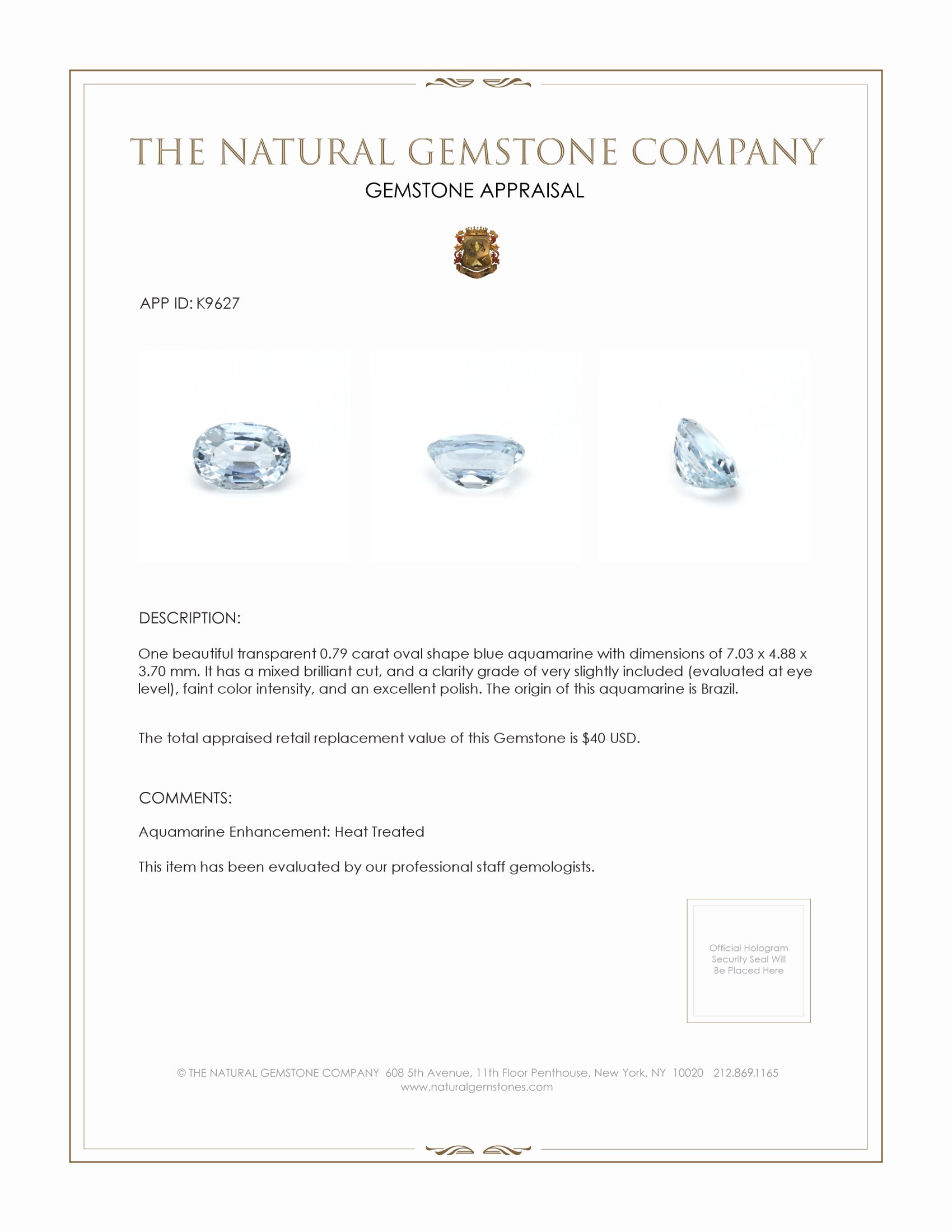 0.79 Ct. Aquamarine from Brazil