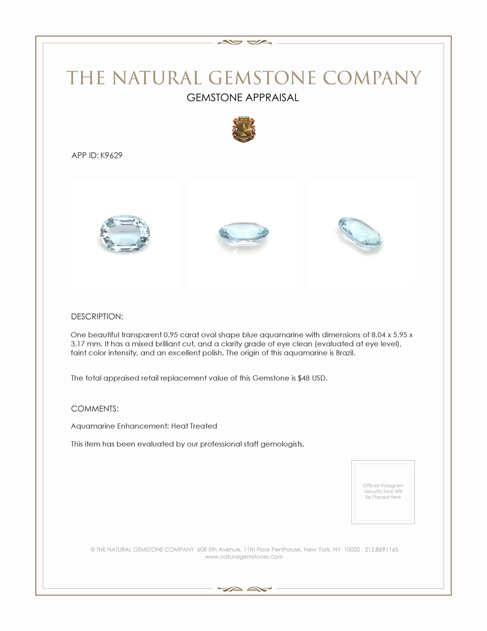 0.95 Ct. Aquamarine from Brazil