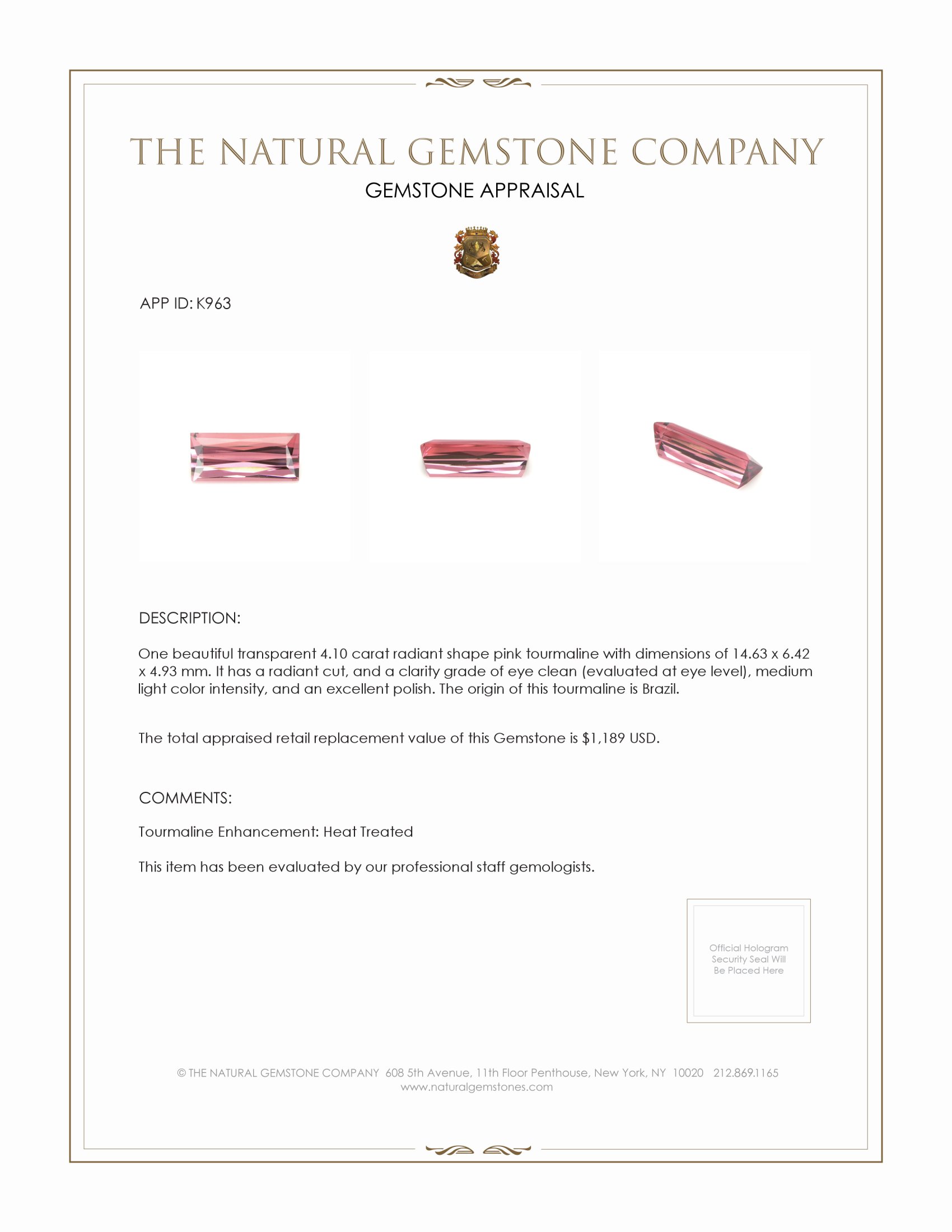 4.10 Ct. Tourmaline from Brazil