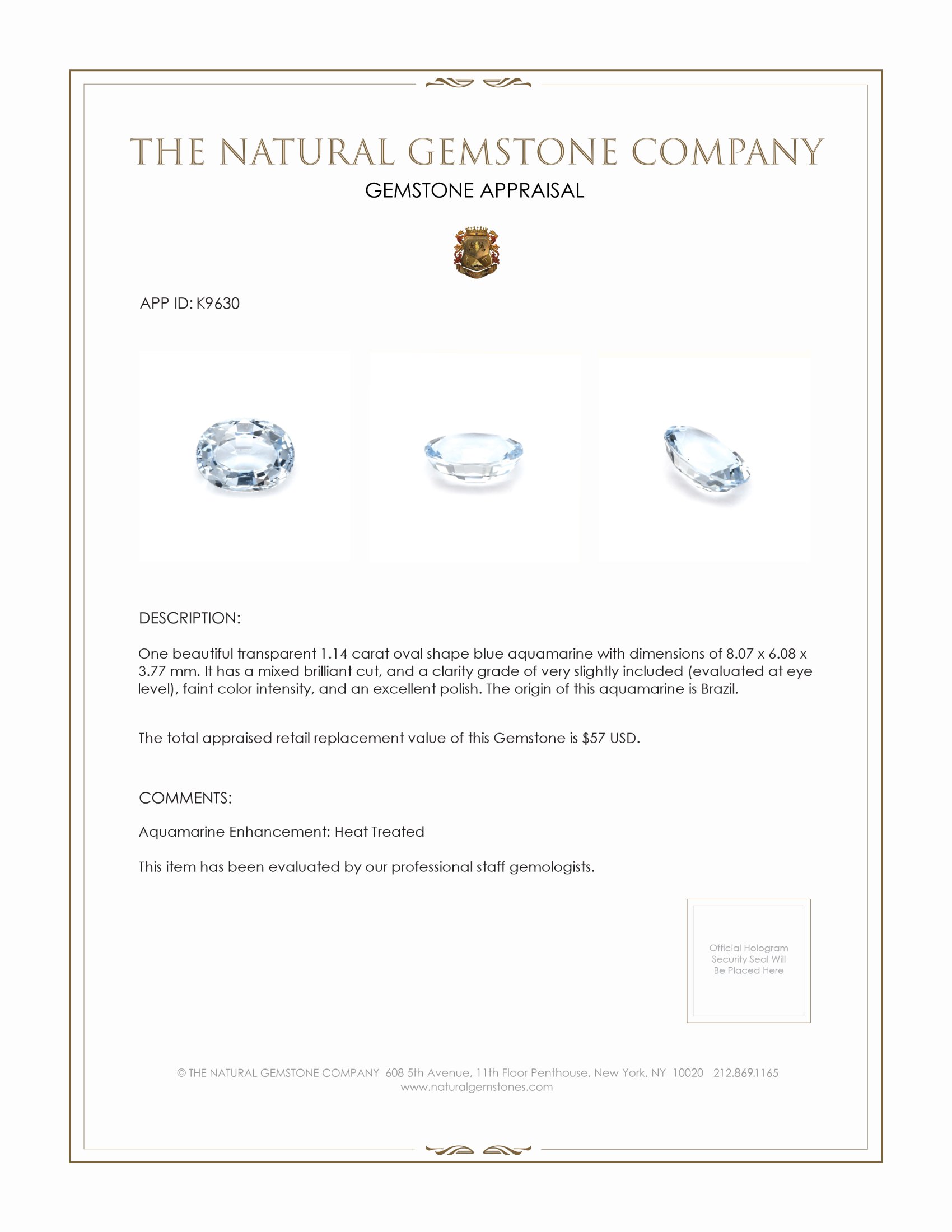 1.14 Ct. Aquamarine from Brazil