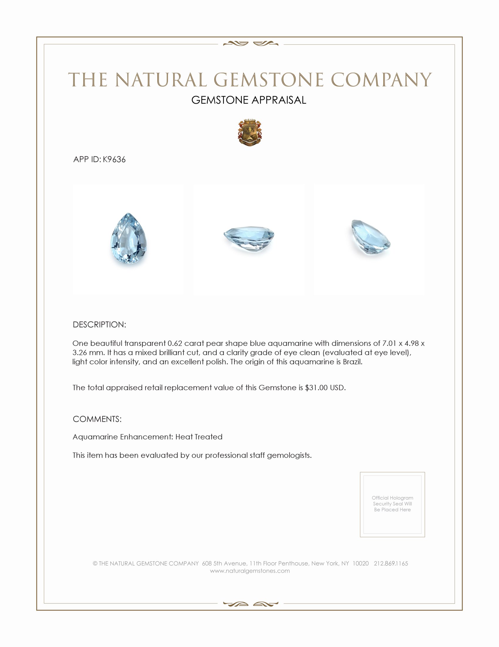 0.62 Ct. Aquamarine from Brazil