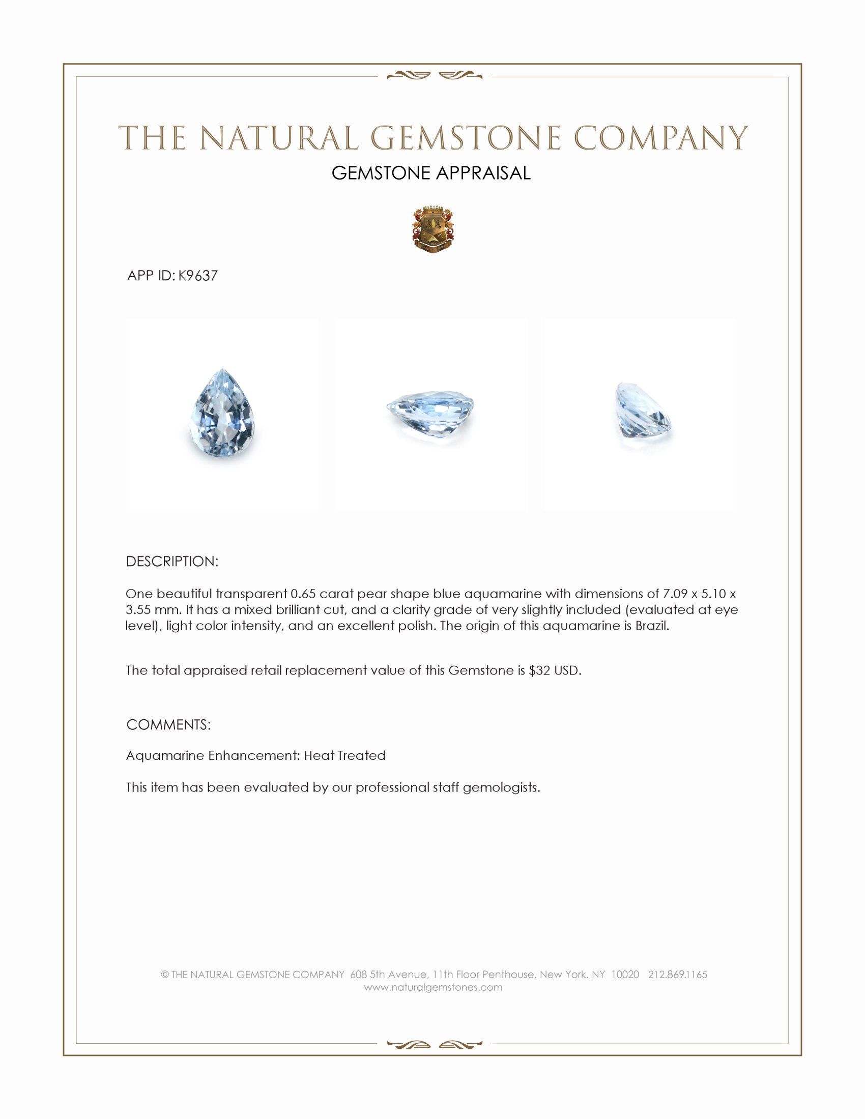 0.65 Ct. Aquamarine from Brazil