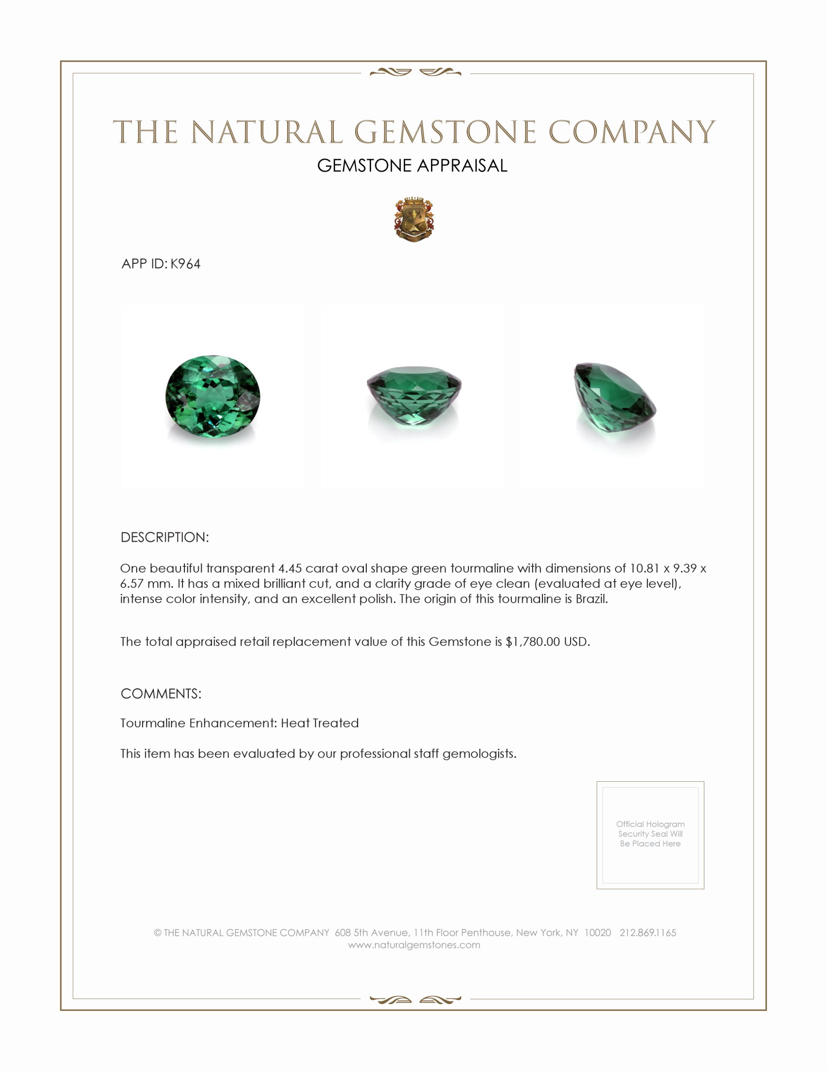 4.45 Ct. Green Tourmaline from Brazil