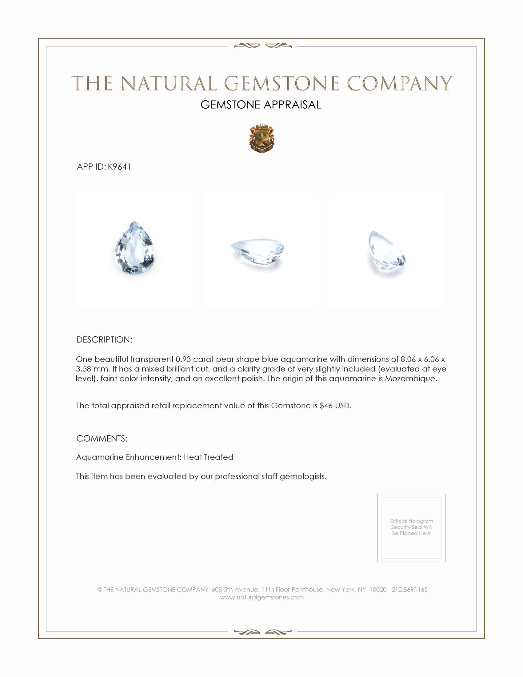 0.93 Ct. Aquamarine from Mozambique