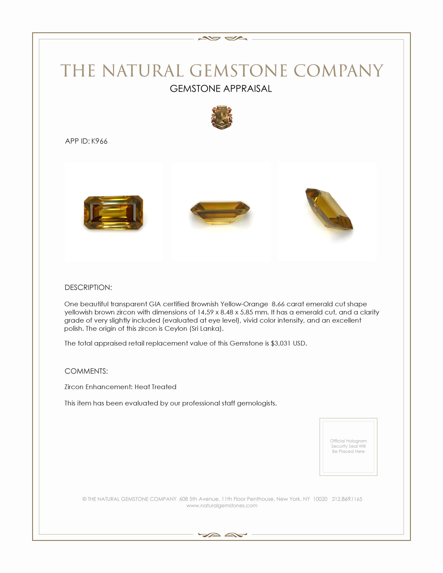 8.66 Ct. Yellowish Brown Zircon from Ceylon (Sri Lanka)