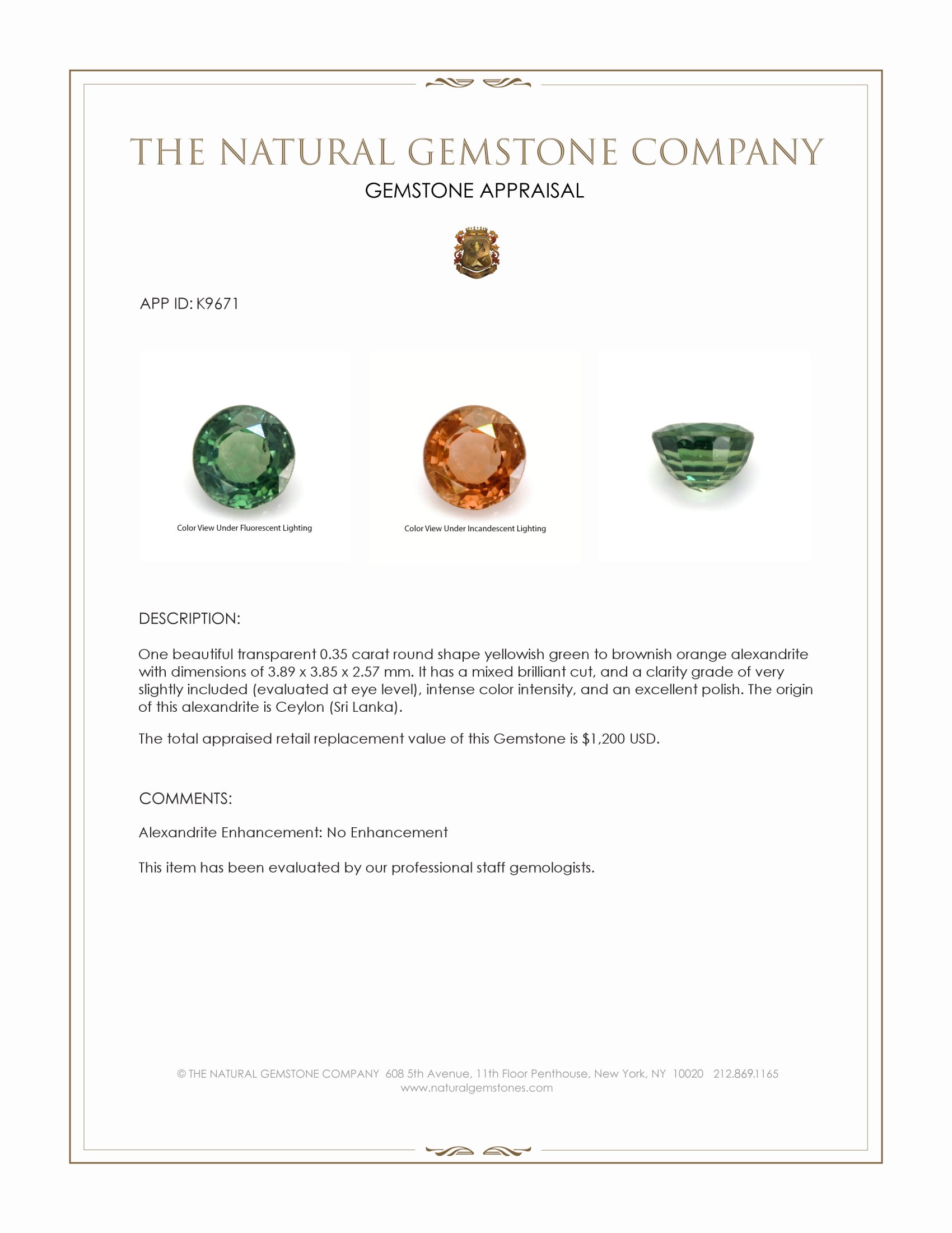 0.35 Ct. Alexandrite from Ceylon (Sri Lanka)