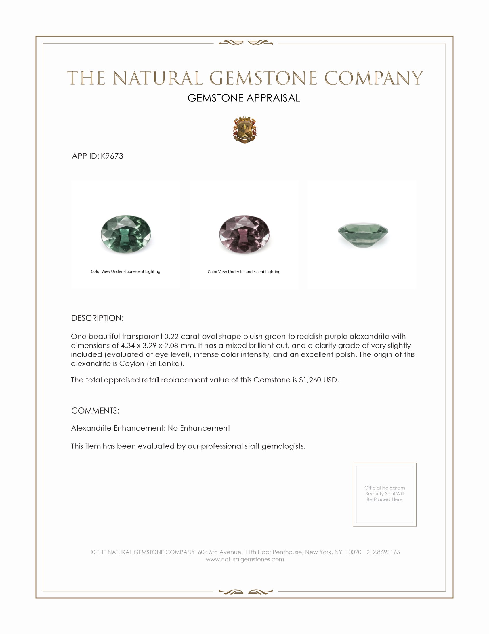 0.22 Ct. Alexandrite from Ceylon (Sri Lanka)