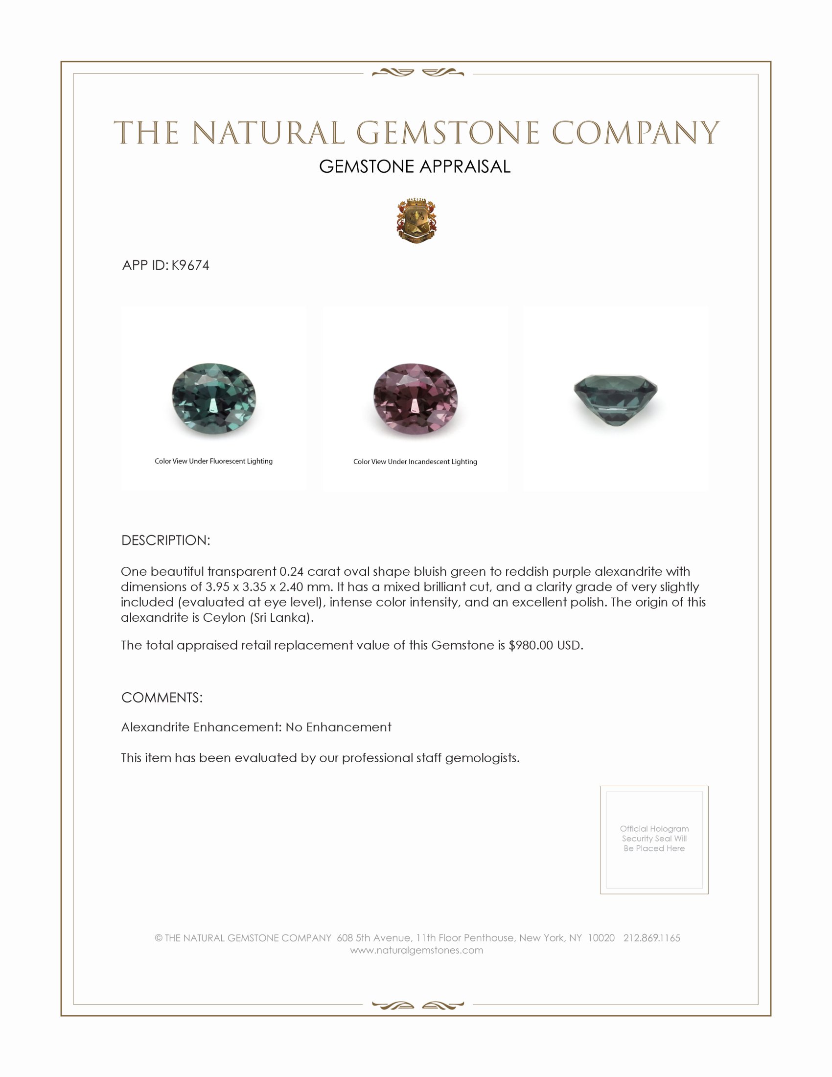 0.24 Ct. Alexandrite from Ceylon (Sri Lanka)