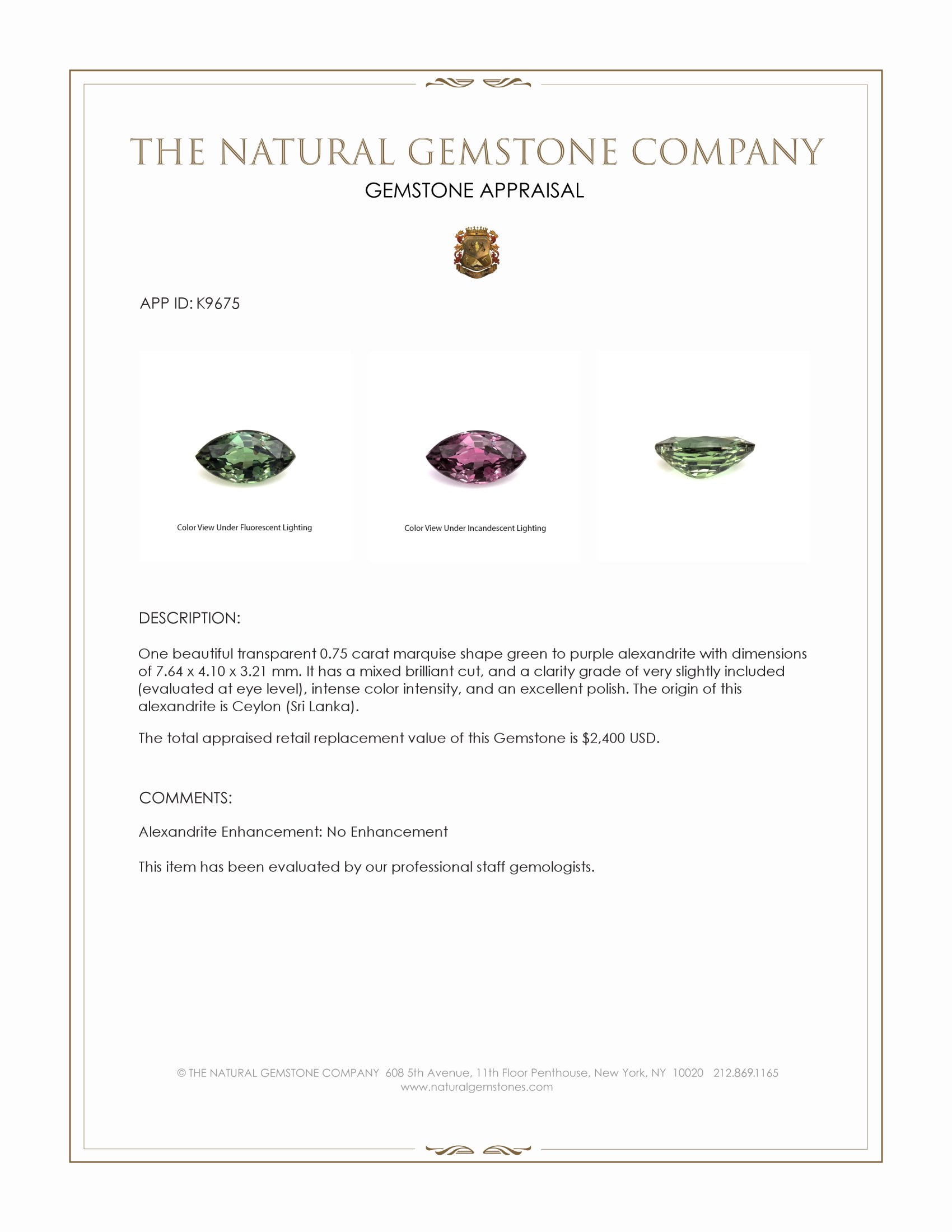 0.75 Ct. Alexandrite from Ceylon (Sri Lanka)