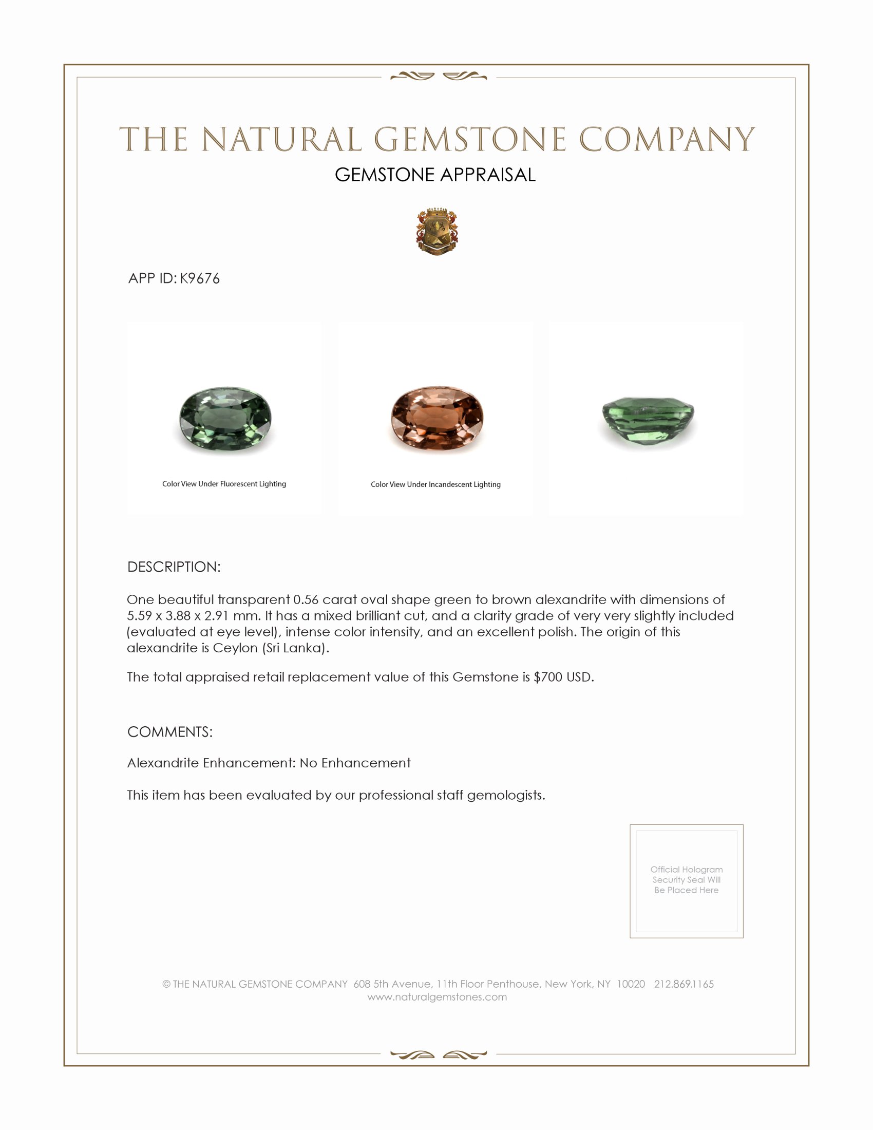 0.56 Ct. Alexandrite from Ceylon (Sri Lanka)