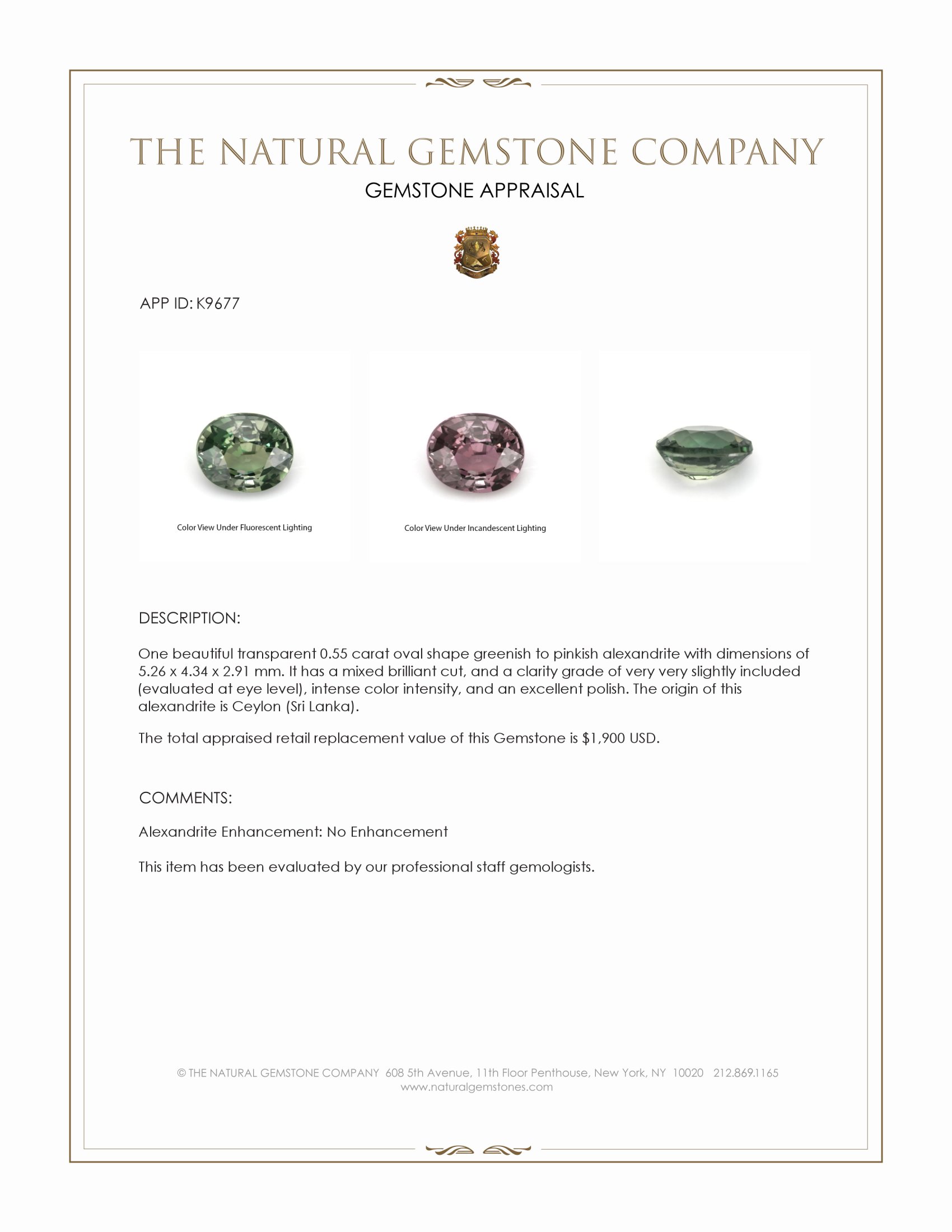 0.55 Ct. Alexandrite from Ceylon (Sri Lanka)