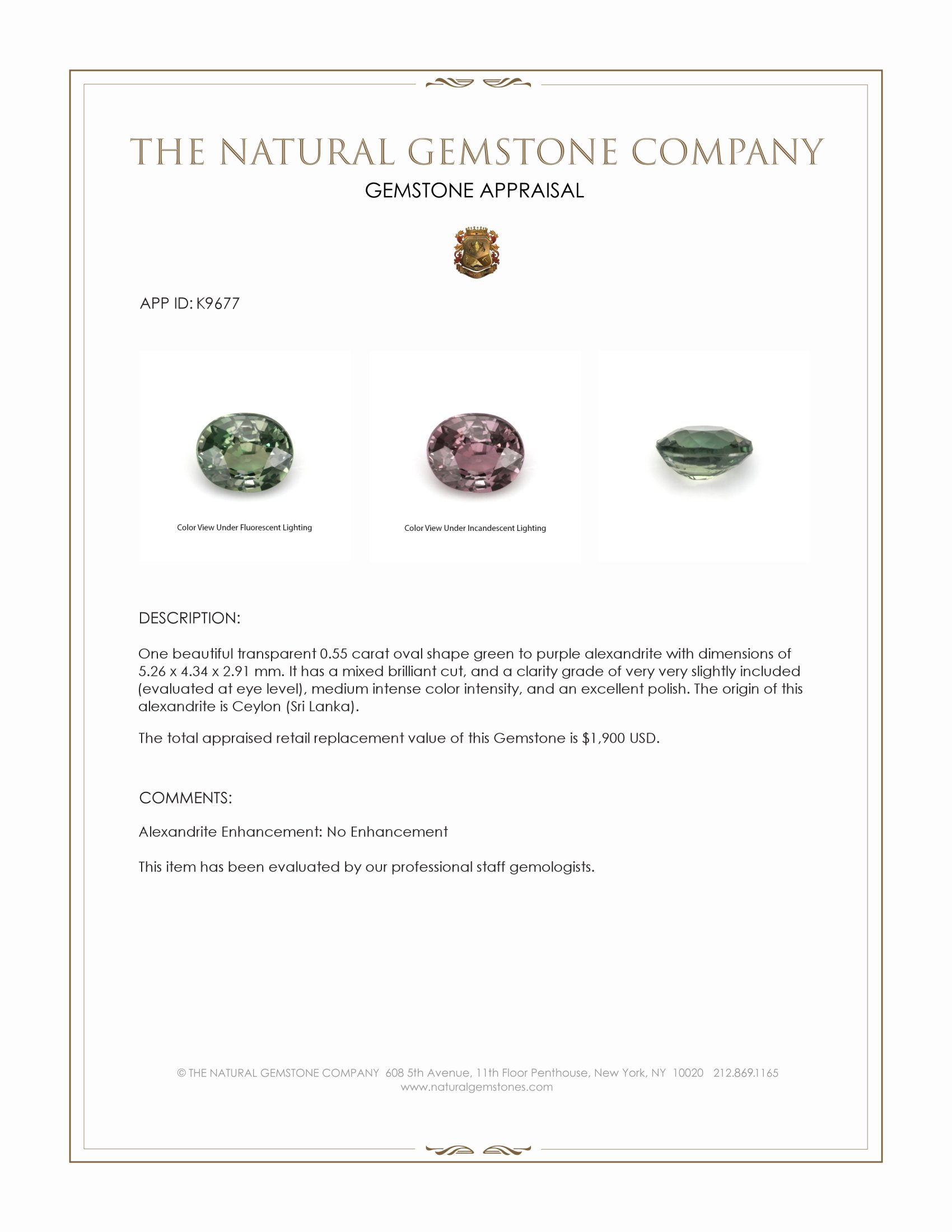 0.55 Ct. Alexandrite from Ceylon (Sri Lanka)