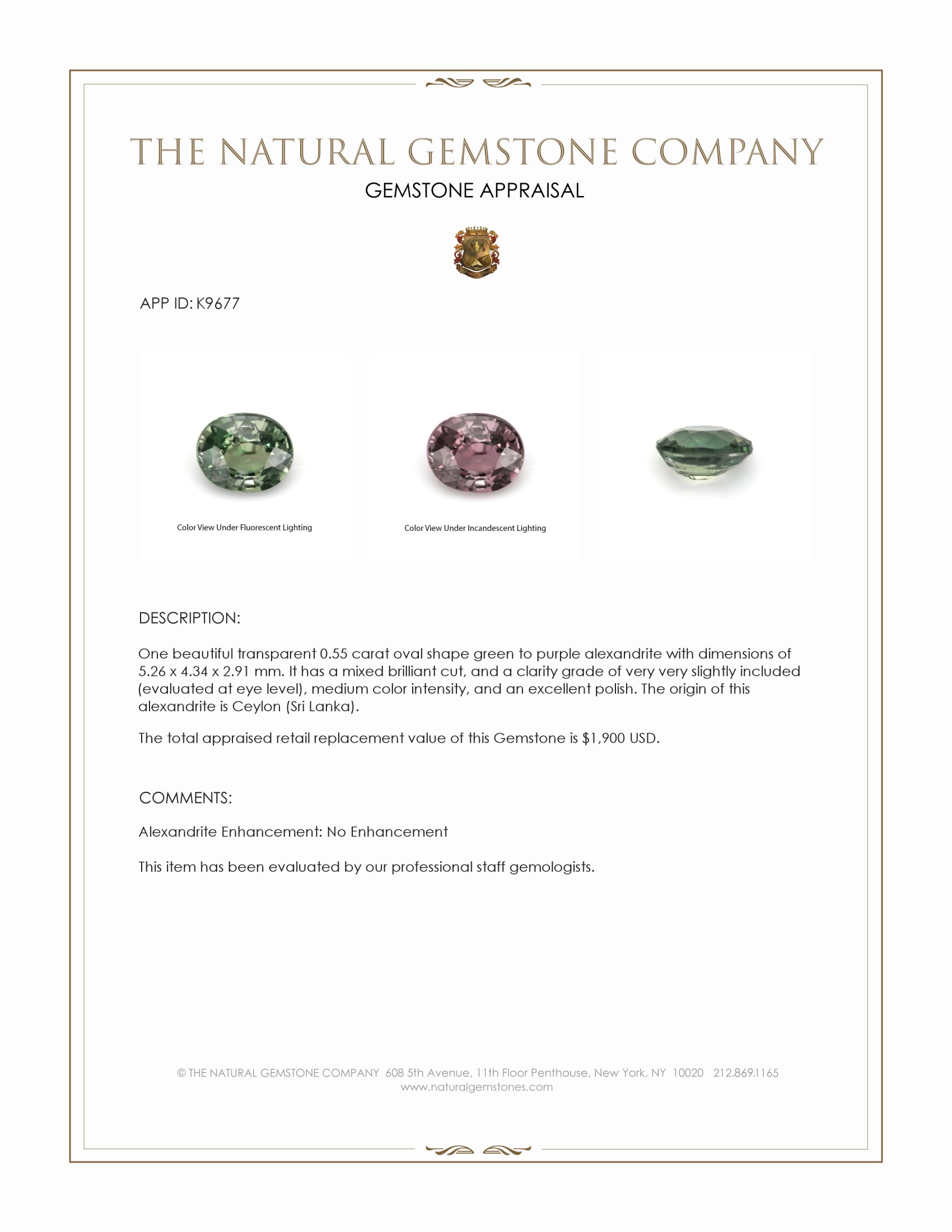 0.55 Ct. Alexandrite from Ceylon (Sri Lanka)