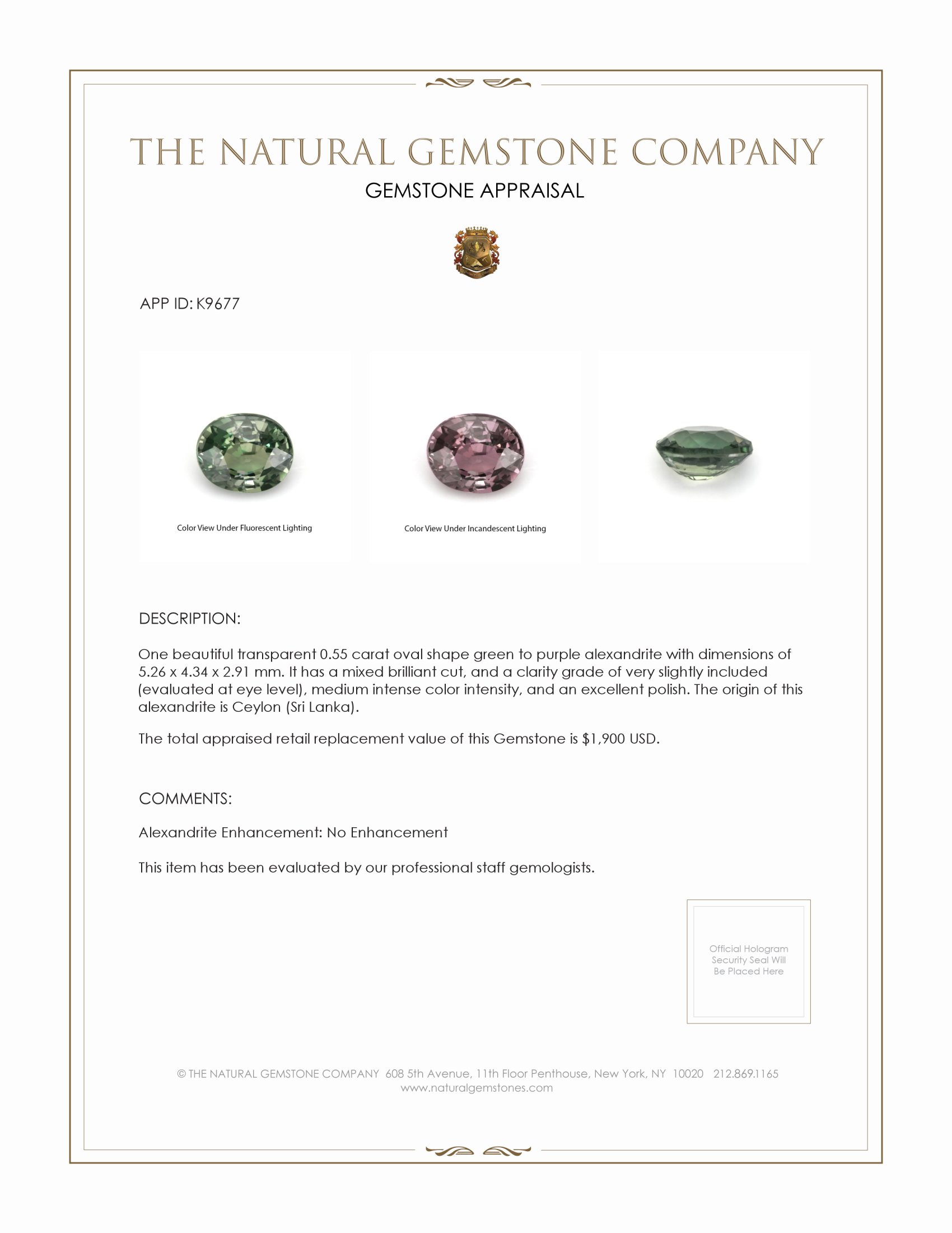 0.55 Ct. Alexandrite from Ceylon (Sri Lanka)