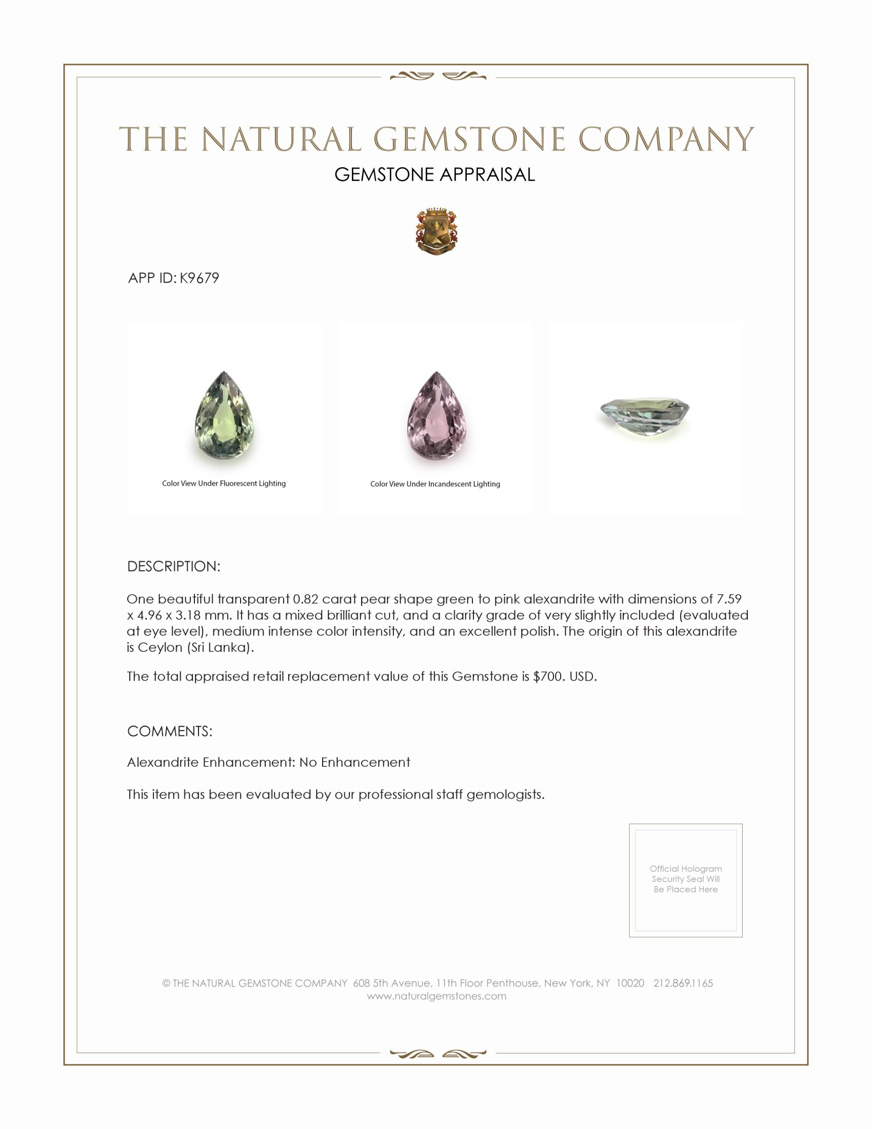 0.82 Ct. Alexandrite from Ceylon (Sri Lanka)