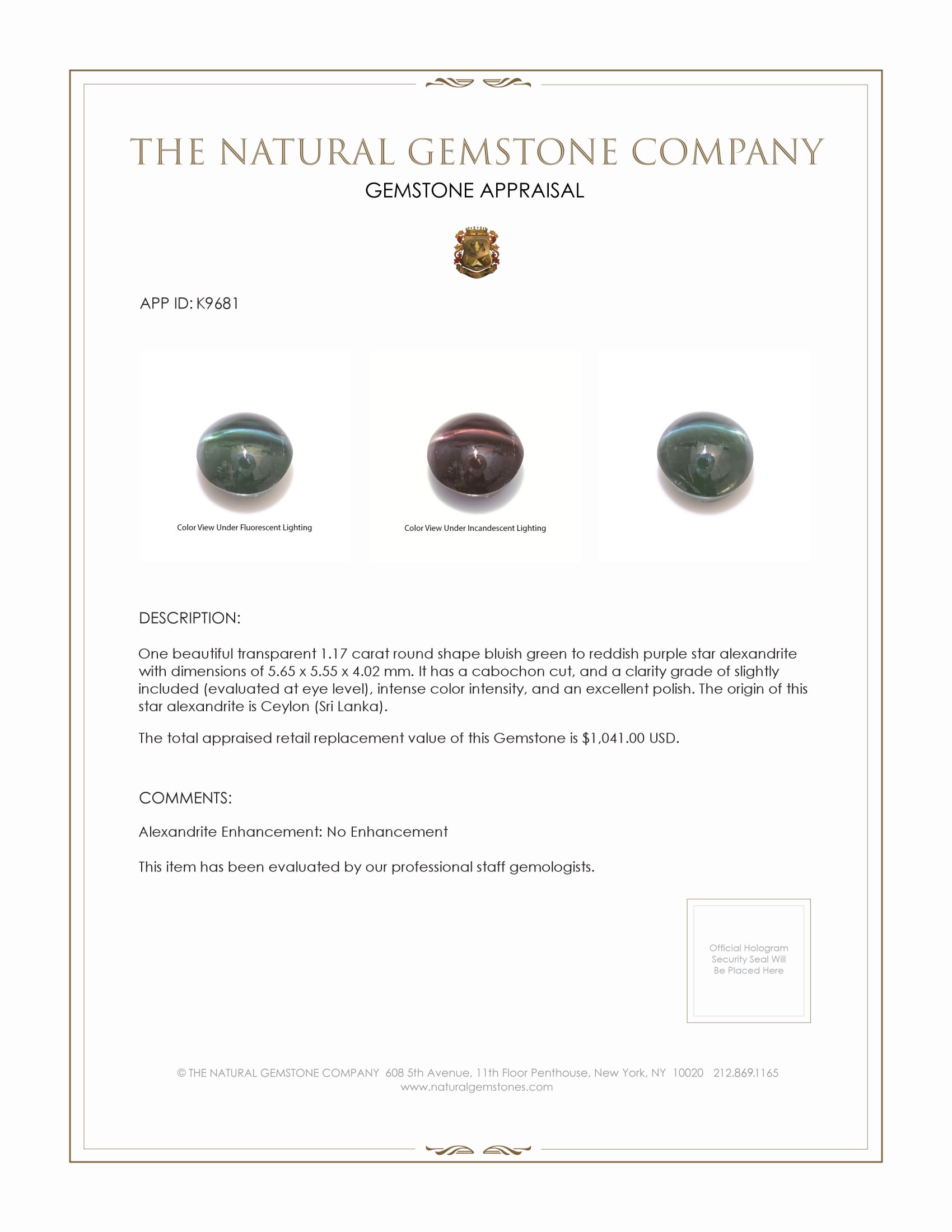 1.17 Ct. Star Alexandrite from Ceylon (Sri Lanka)