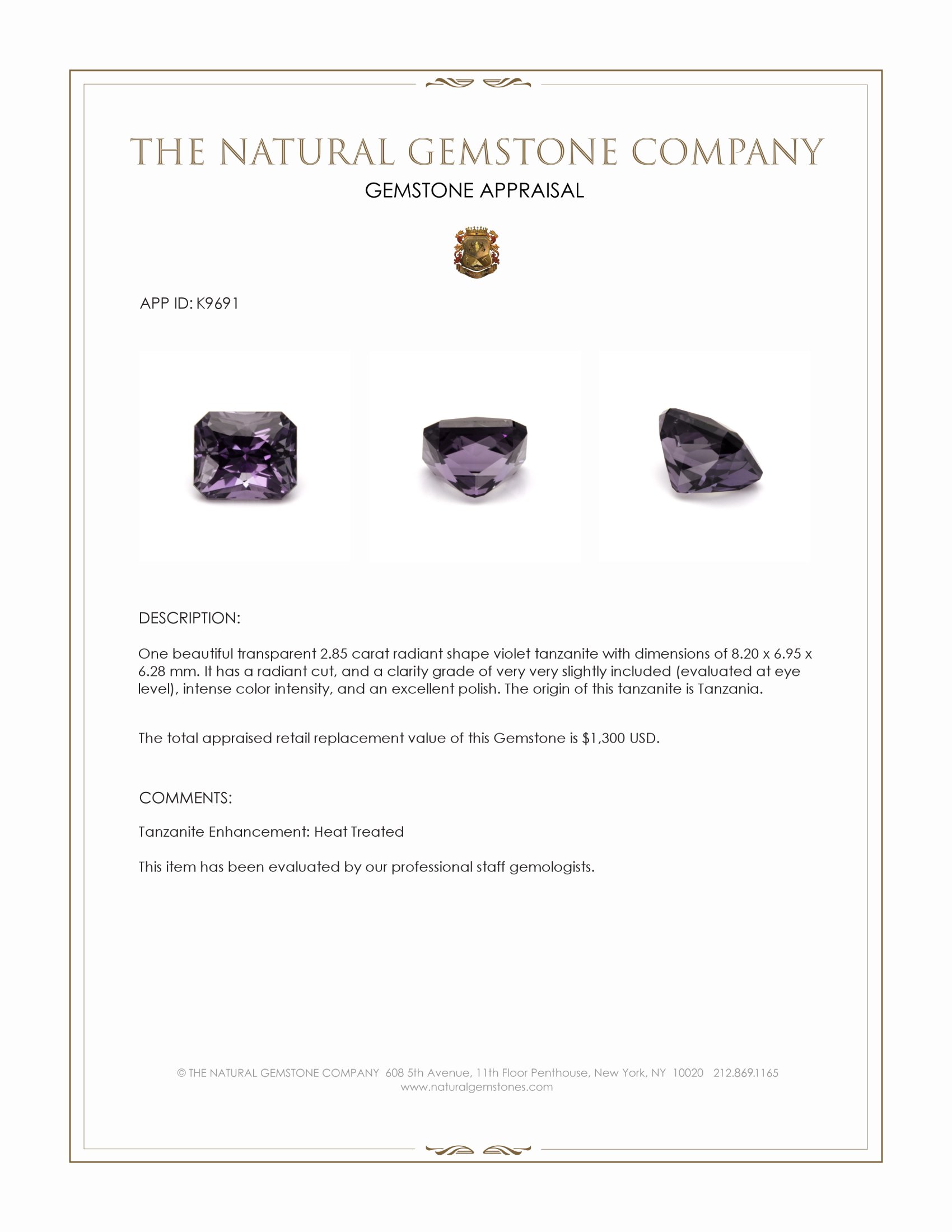 2.85 Ct. Violet Tanzanite from Tanzania