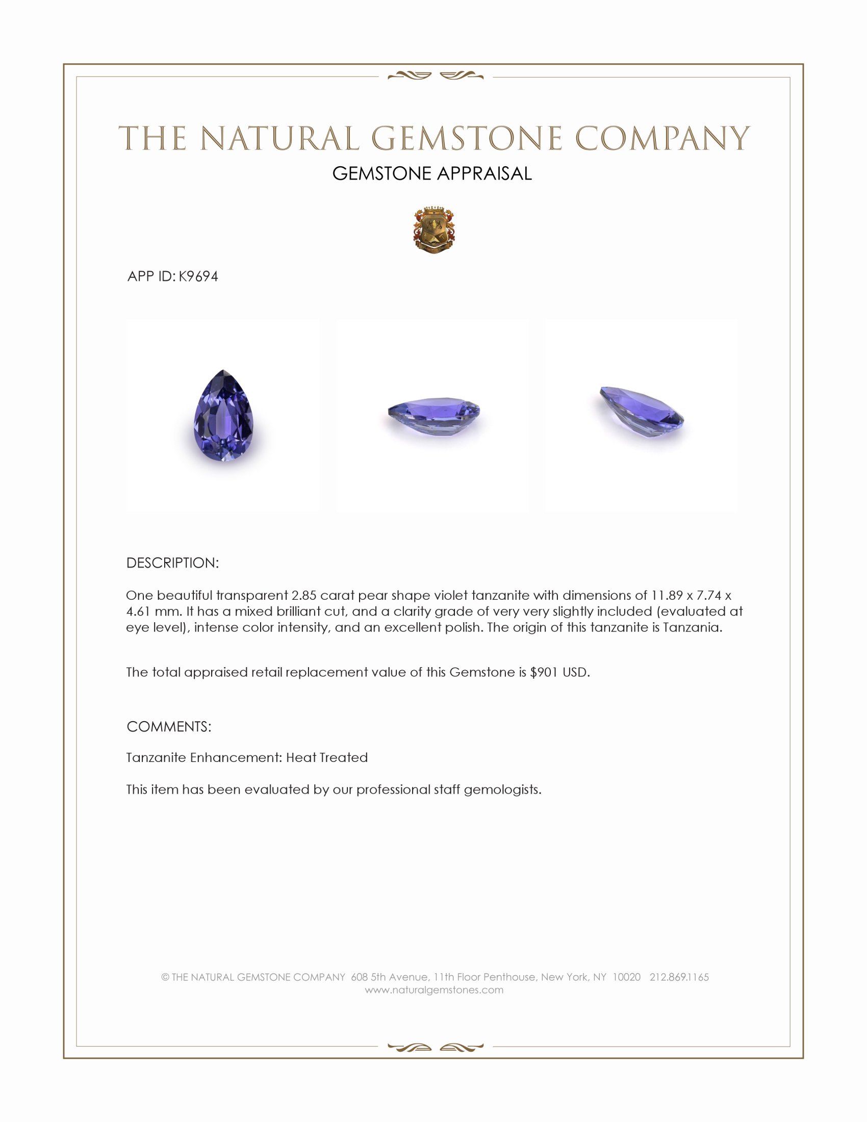 2.85 Ct. Violet Tanzanite from Tanzania