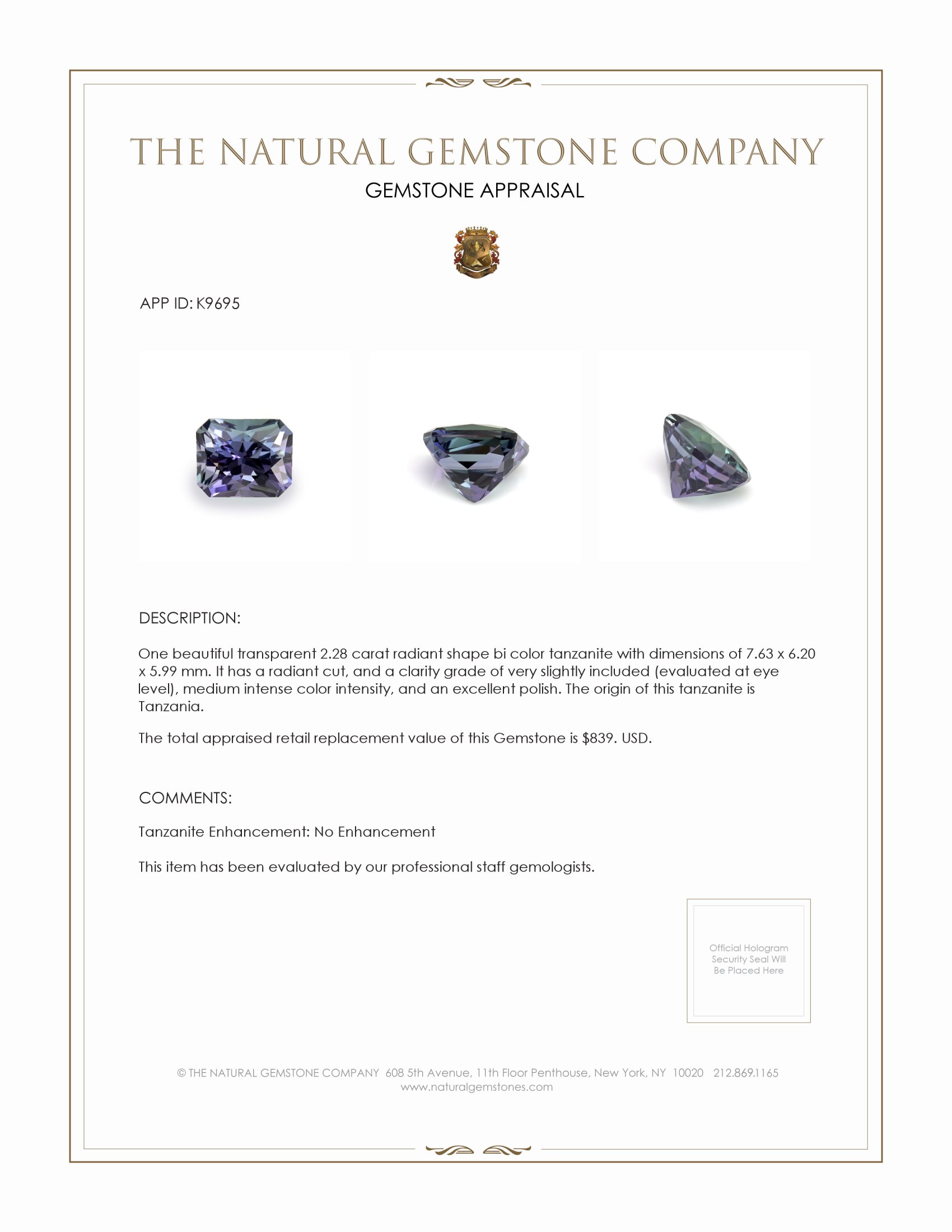 2.28 Ct. Tanzanite from Tanzania