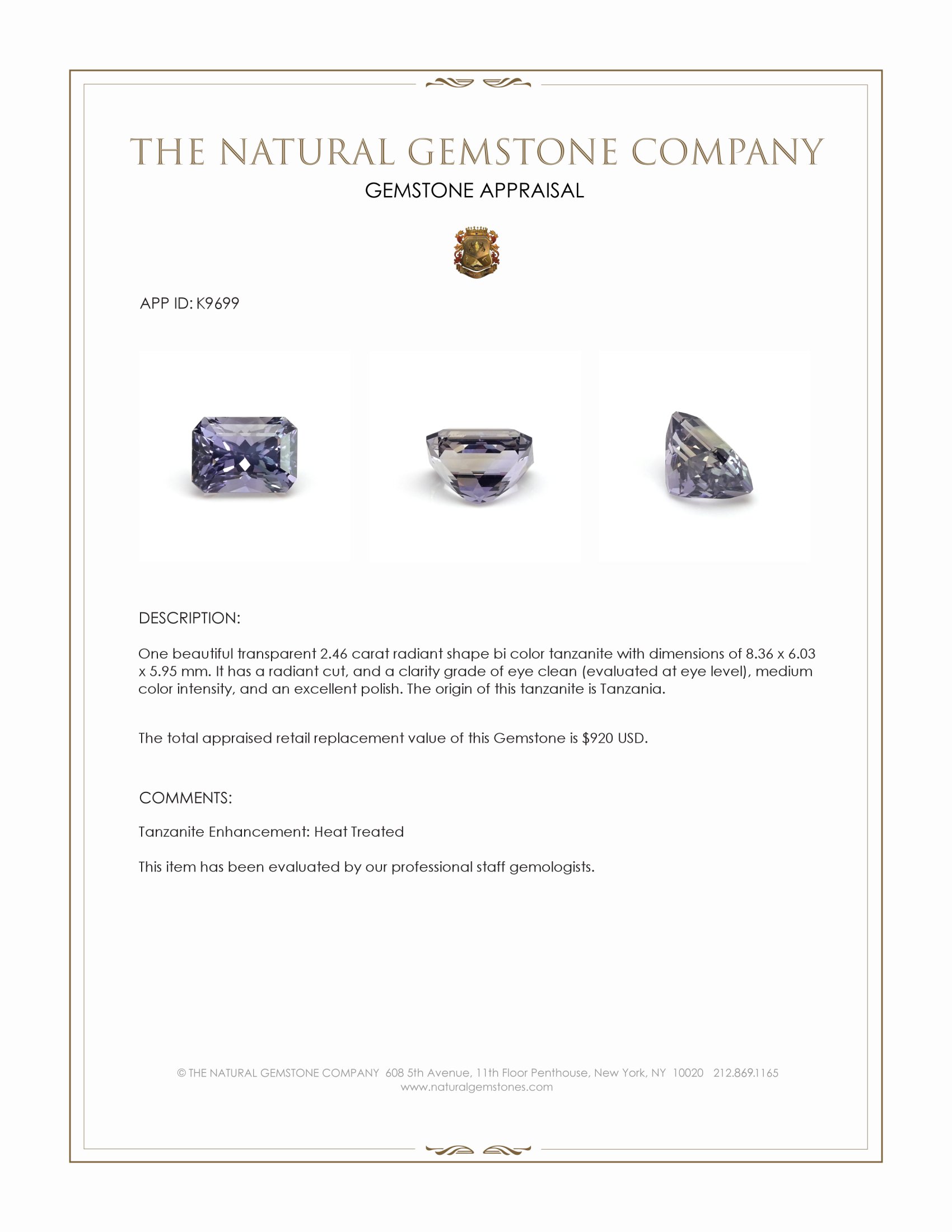 2.46 Ct. Bi Color Tanzanite from Tanzania