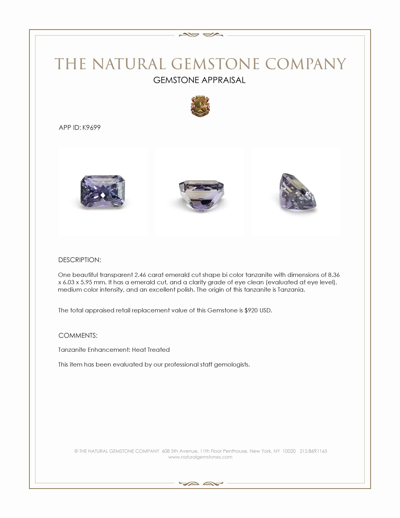 2.46 Ct. Tanzanite from Tanzania