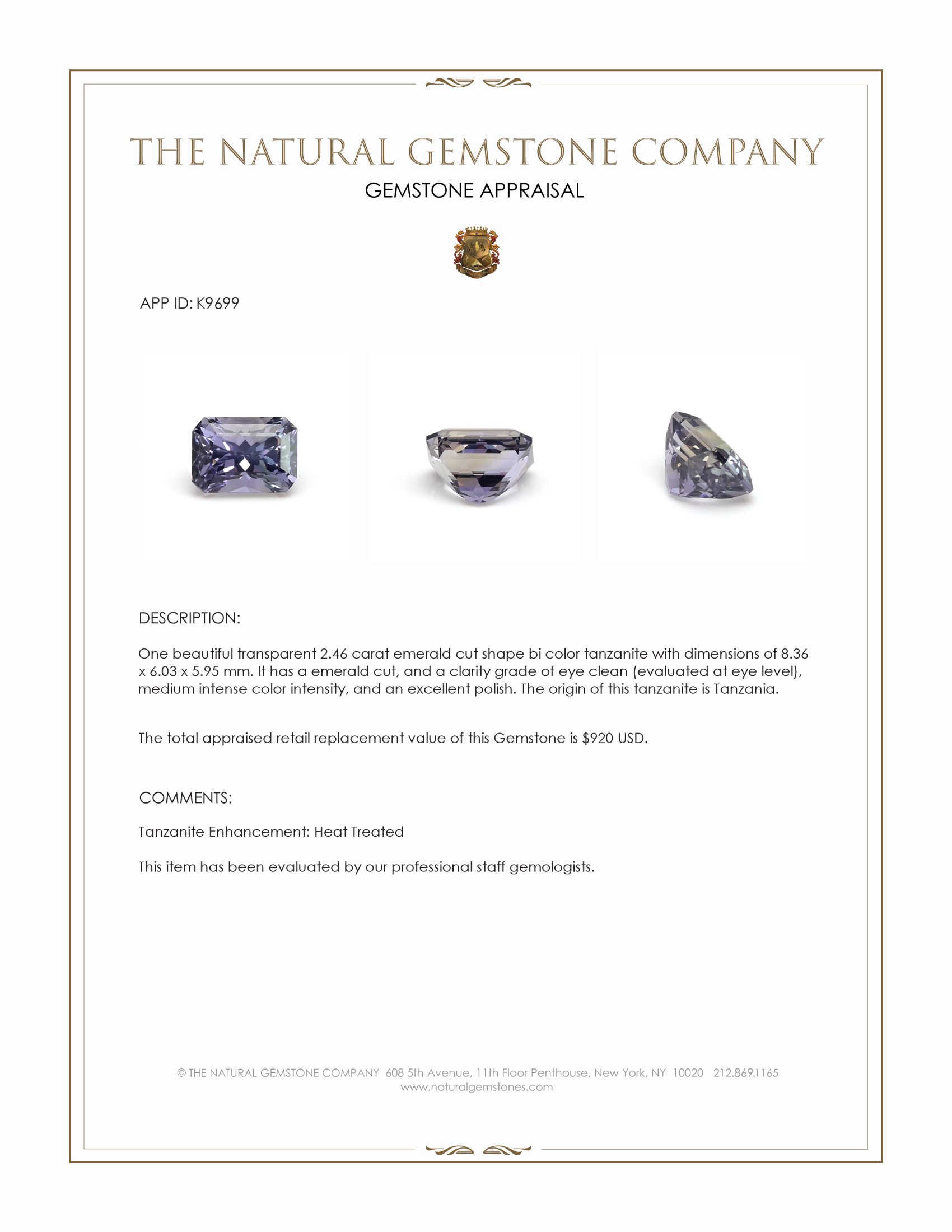 2.46 Ct. Tanzanite from Tanzania