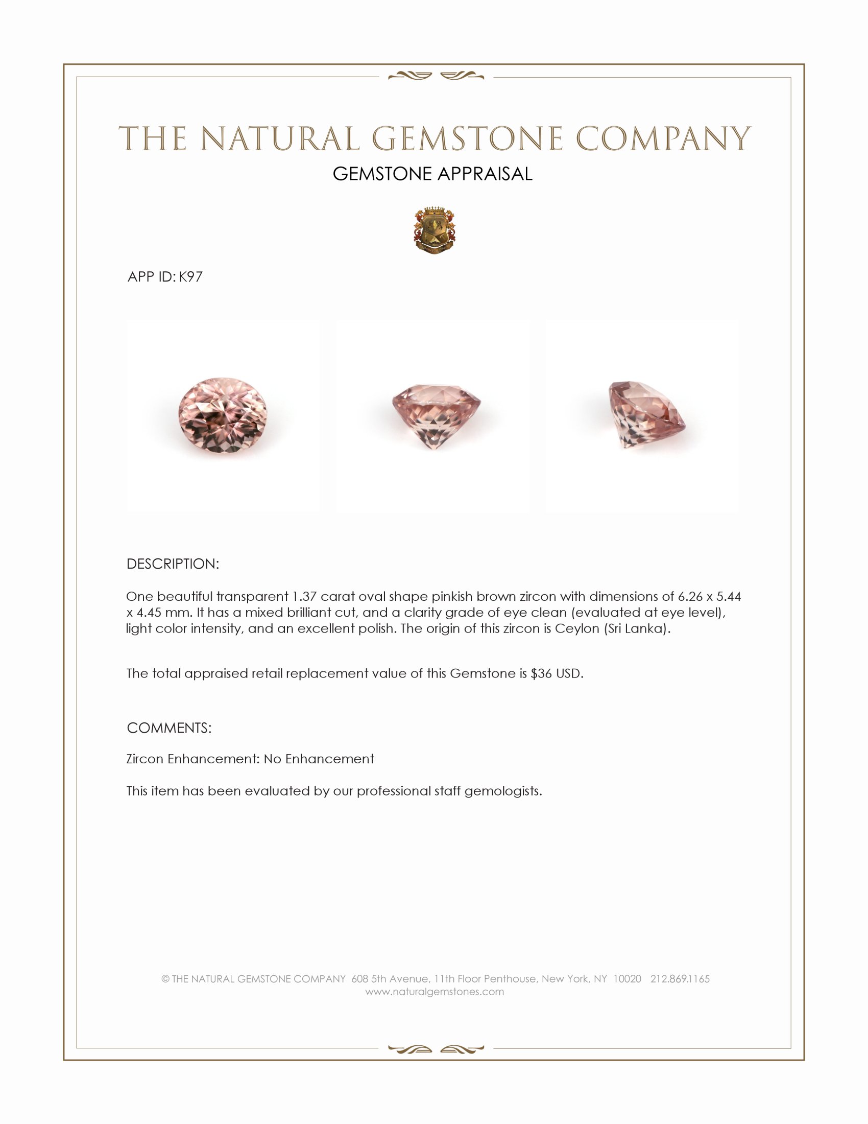 1.37 Ct. Pinkish Brown Zircon from Ceylon (Sri Lanka)