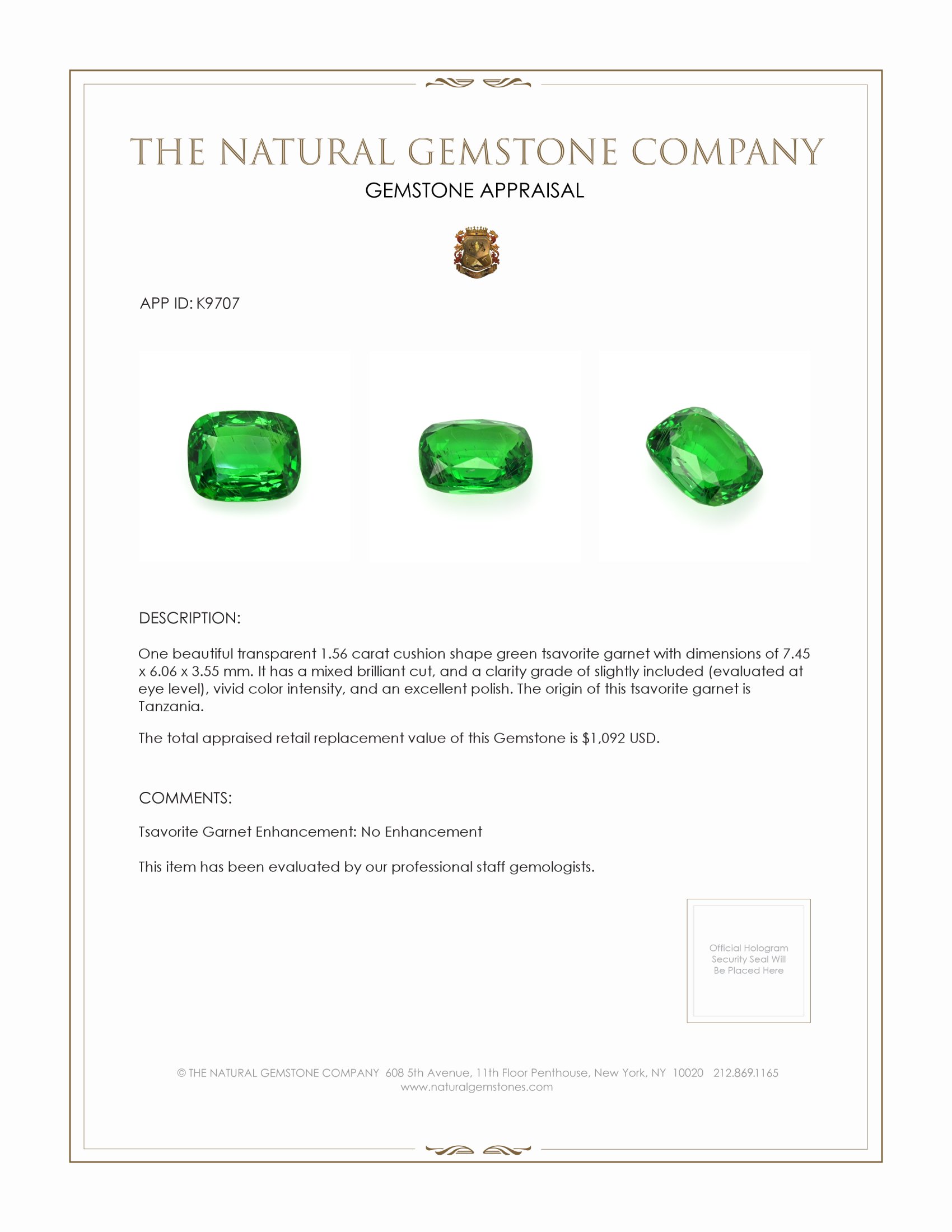 1.56 Ct. Tsavorite Garnet from Tanzania