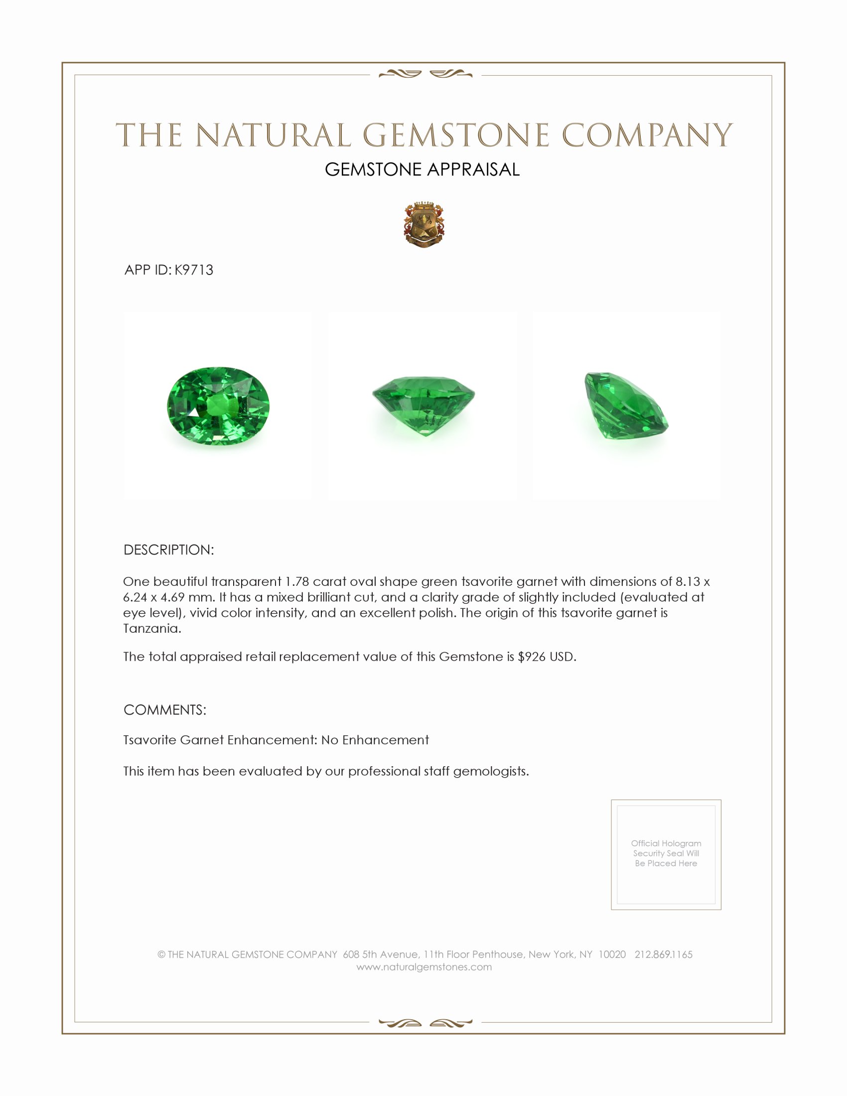 1.78 Ct. Tsavorite Garnet from Tanzania