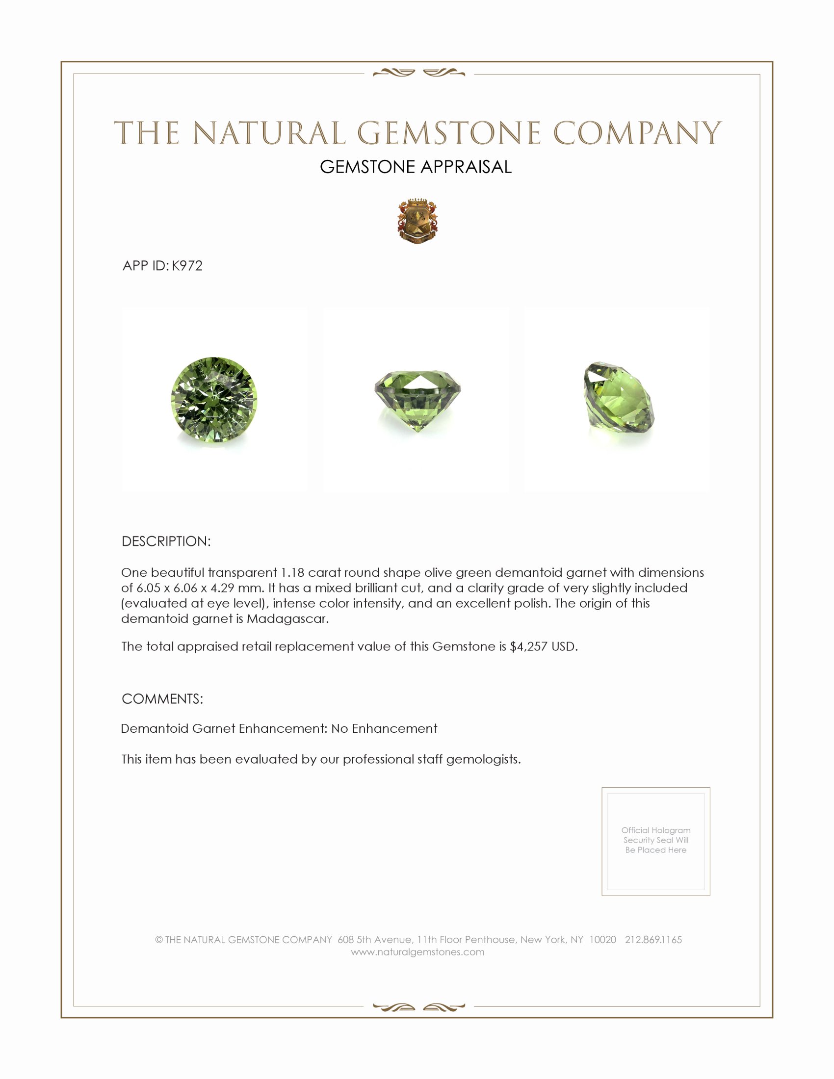 1.18 Ct. Demantoid Garnet from Madagascar