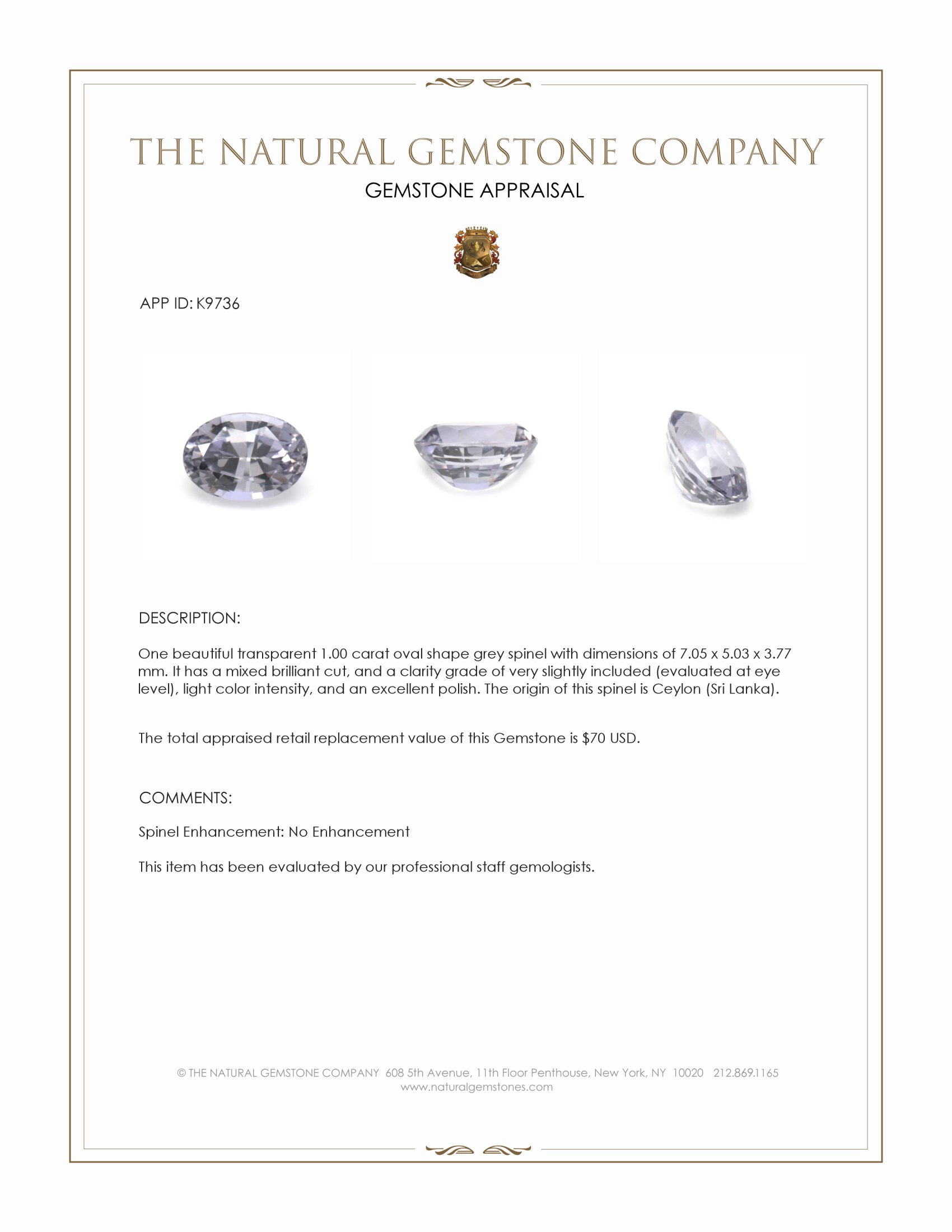 1.00 Ct. Grey Spinel from Ceylon (Sri Lanka)