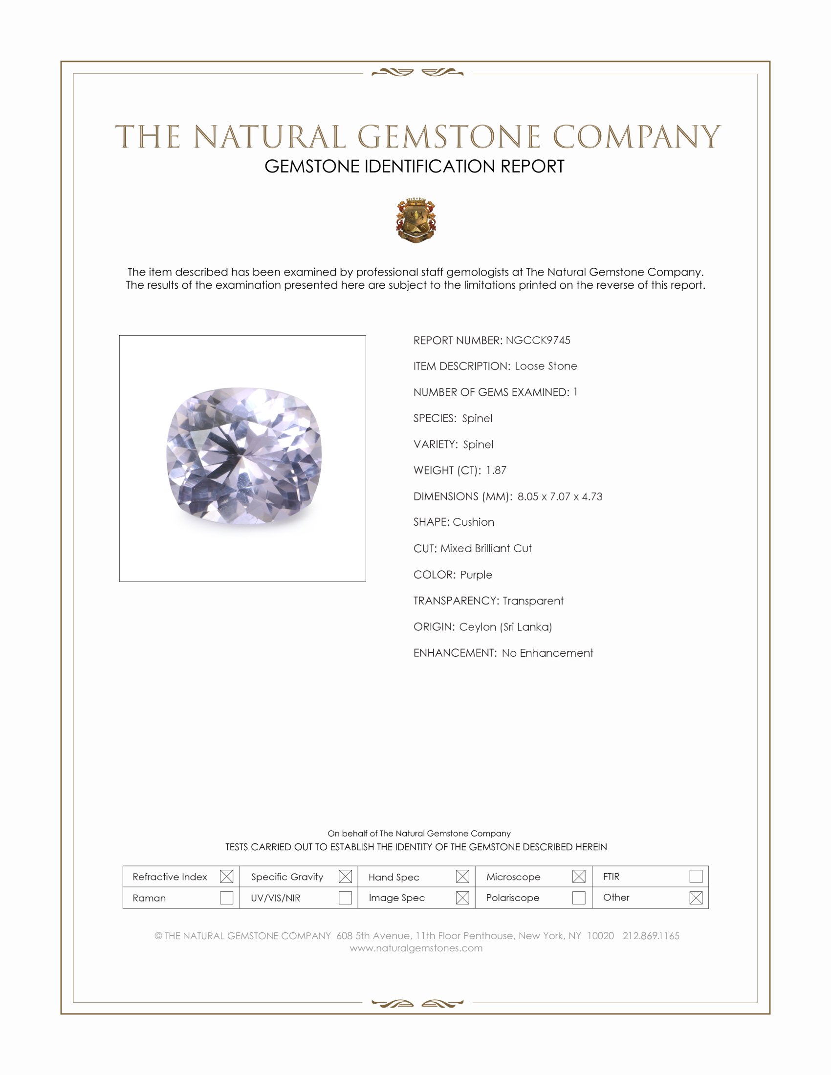 1.87 Ct. Purple Spinel from Ceylon (Sri Lanka)