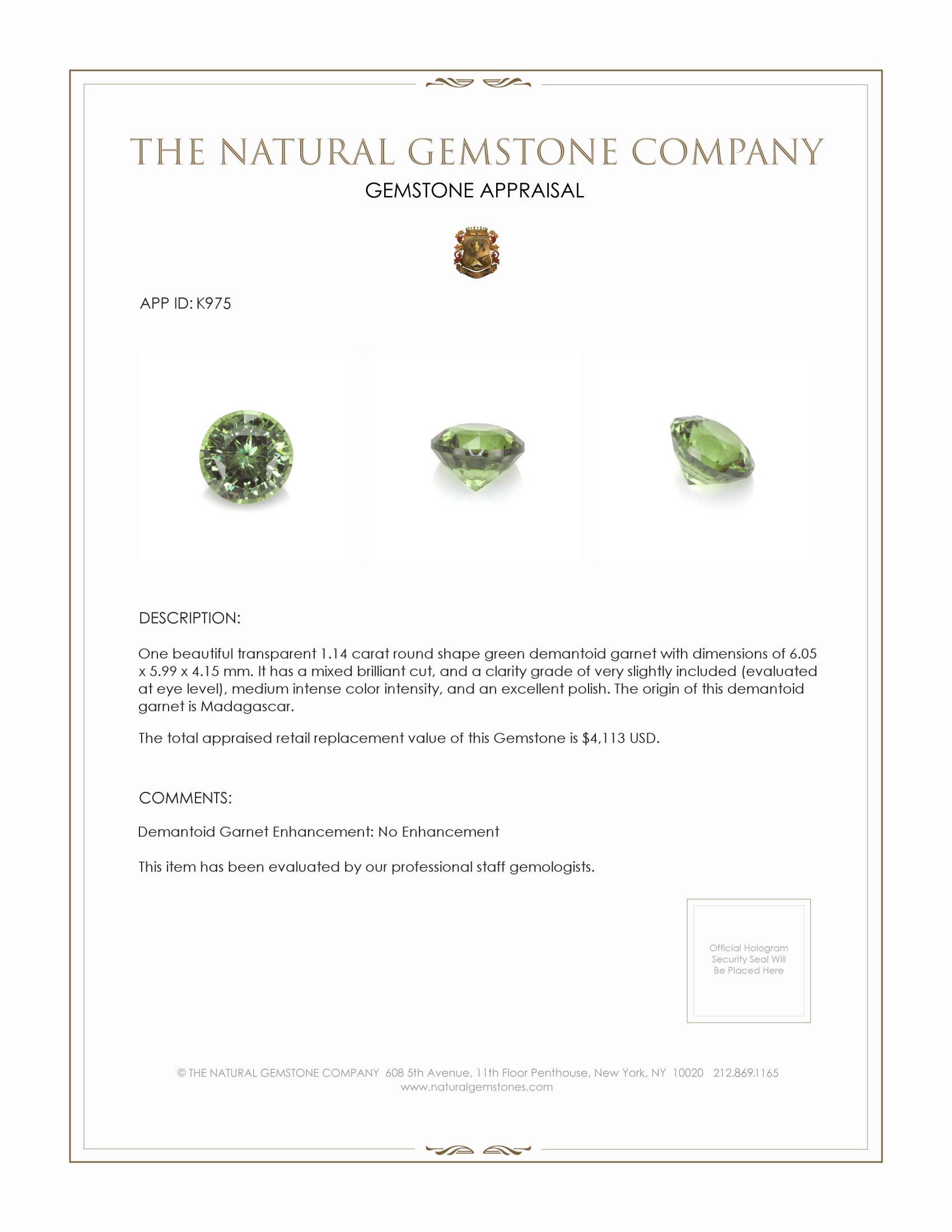 1.14 Ct. Demantoid Garnet from Madagascar
