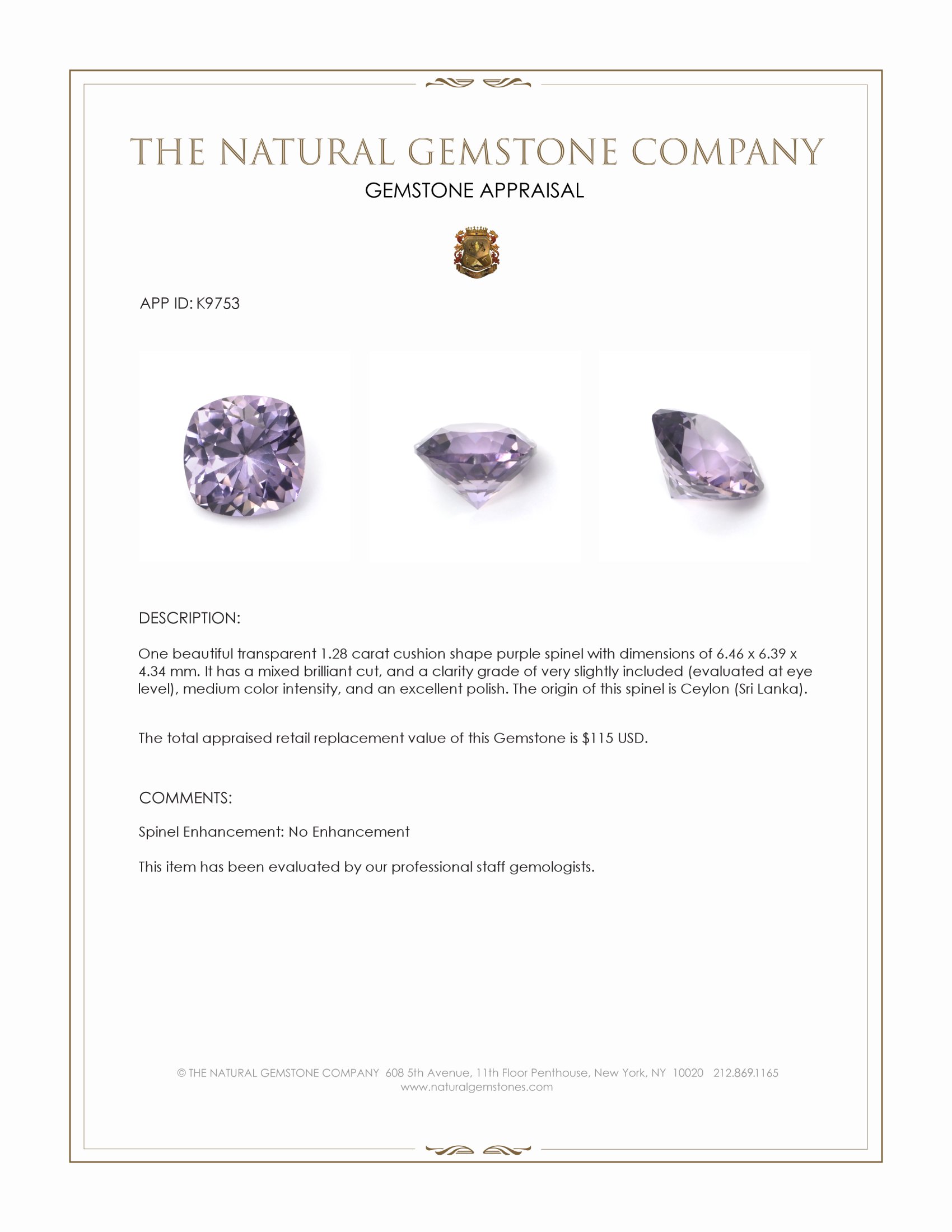 1.28 Ct. Purple Spinel from Ceylon (Sri Lanka)