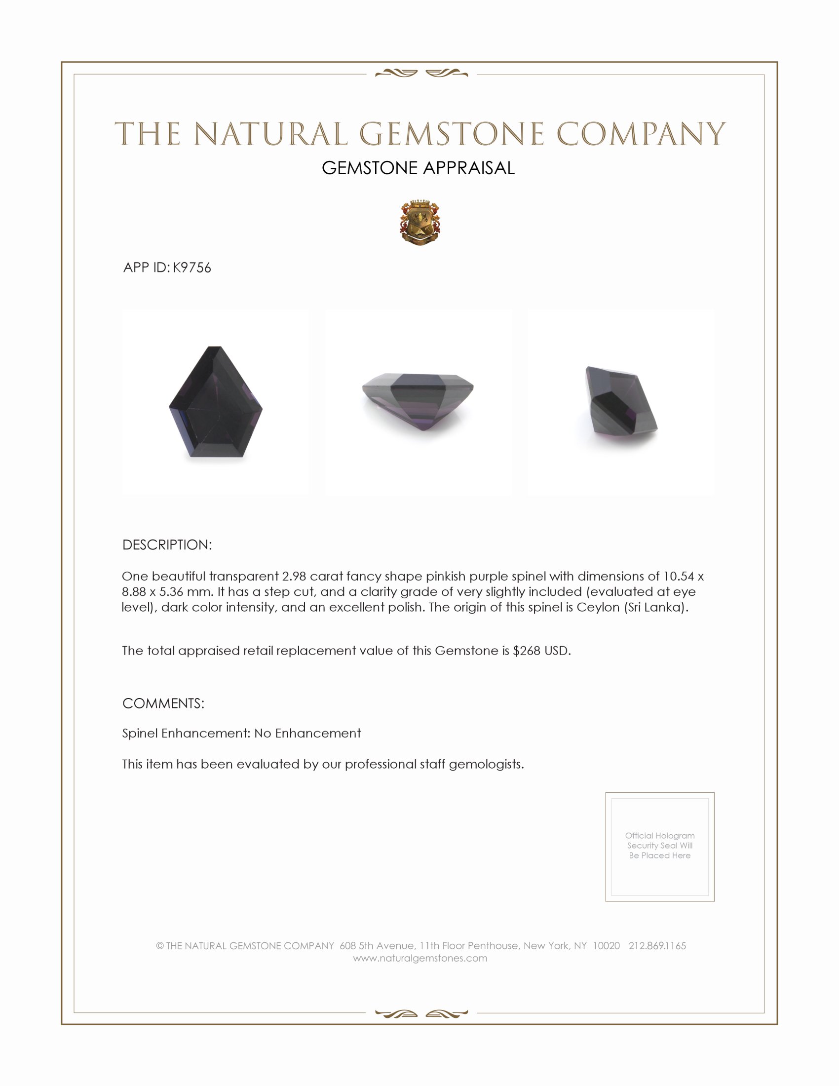 2.98 Ct. Spinel from Ceylon (Sri Lanka)