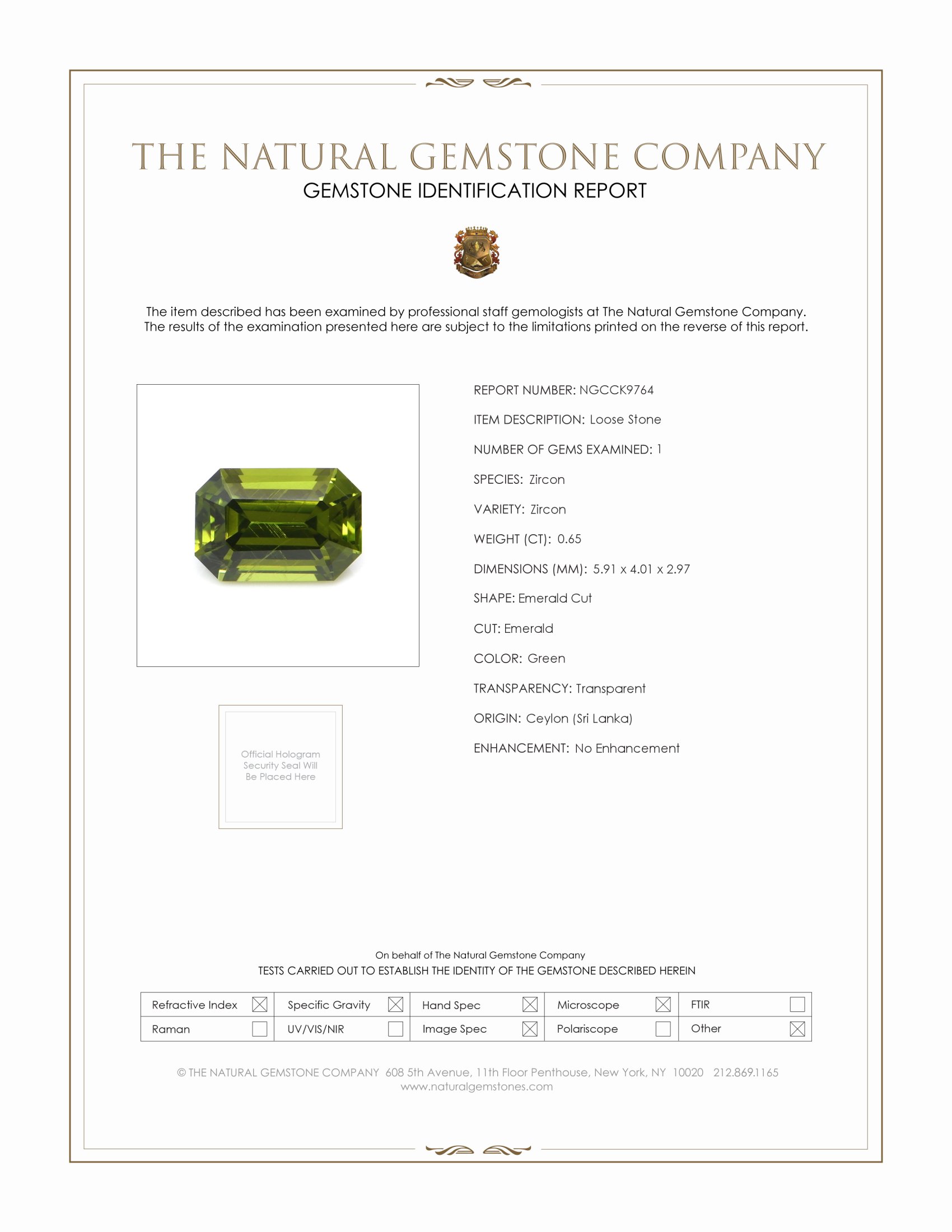 0.65 Ct. Green Zircon from Ceylon (Sri Lanka)